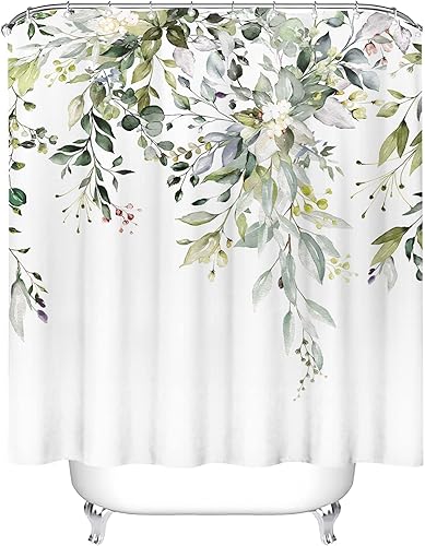 Vista 425 de Tititex - Juego de cortinas de ducha de eucalipto verde oliva, hojas de acuarela en la parte superior con decoración floral de baño, 60 x 72 Hojas