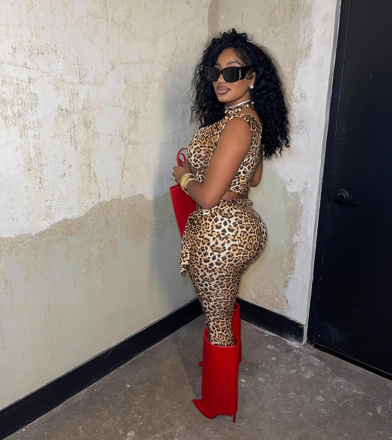 Cheetah Print 2 Piece Set for Women Sleeveless Leopard Print Cropp Top Bodycon Pant Outfit with Lace Y2K Club Tracksuit