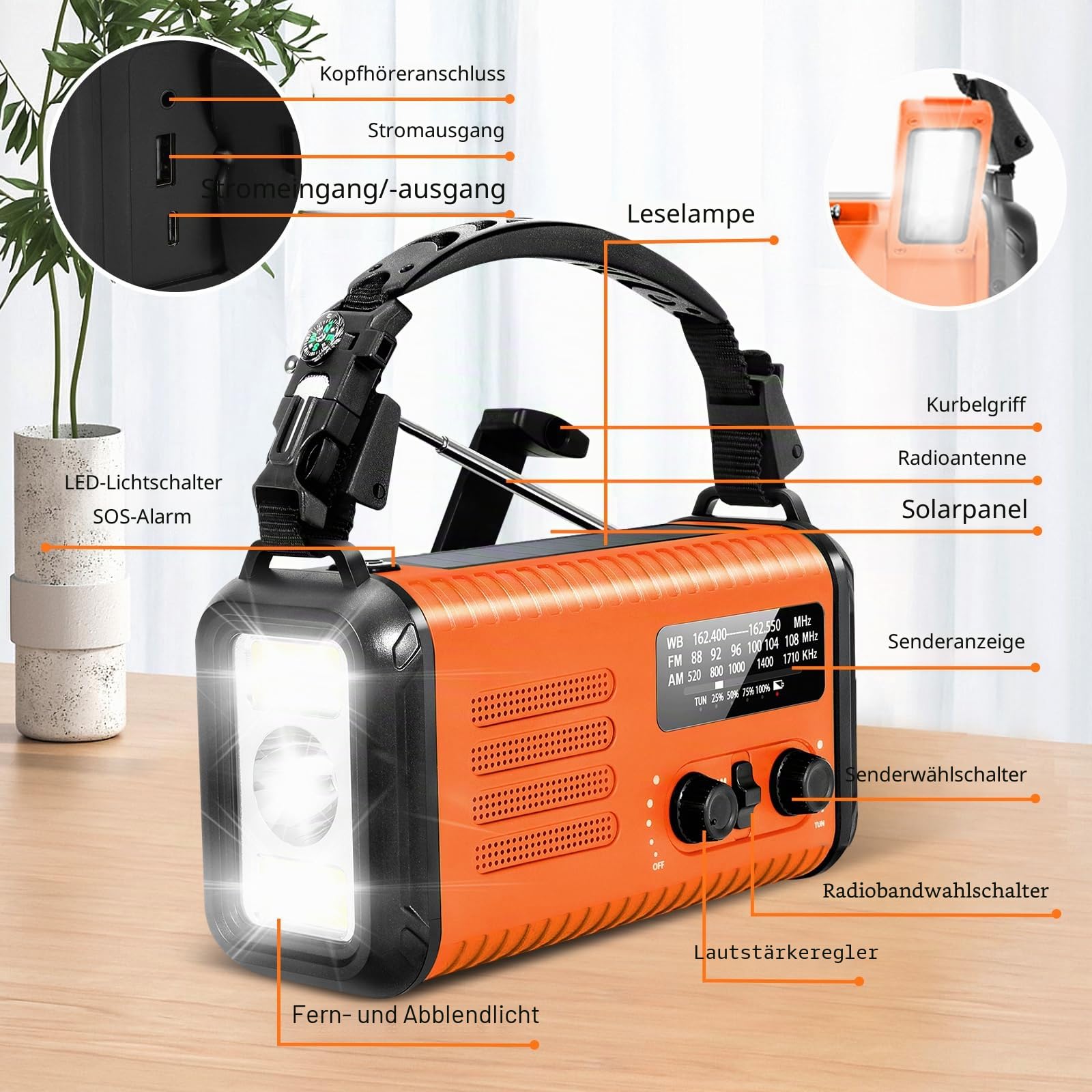 Notfall-Solar-Kurbelradio mit 20.000 mAh, AM/FM NOAA tragbares Wetterradio mit USB-Aufladung, Handy-Ladegerät, SOS-Alarm und Taschenlampen-Leselampe, Kopfhöreranschluss, Kompass (orange)