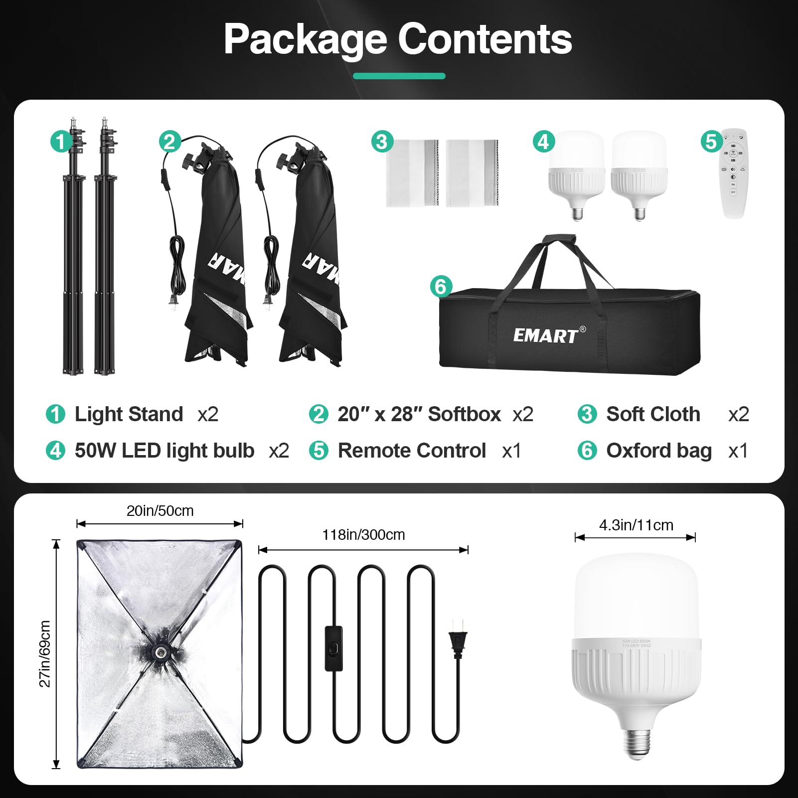 EMART Softbox Iluminación Kit Fotografía, Foco Fotografía 50 x 70 cm, Softbox per Studio Fotografico Equipo Bombilla LED de 50W (3000K-6000K), para Estudio Fotográfico,Grabación de Vídeo (2 Pack)