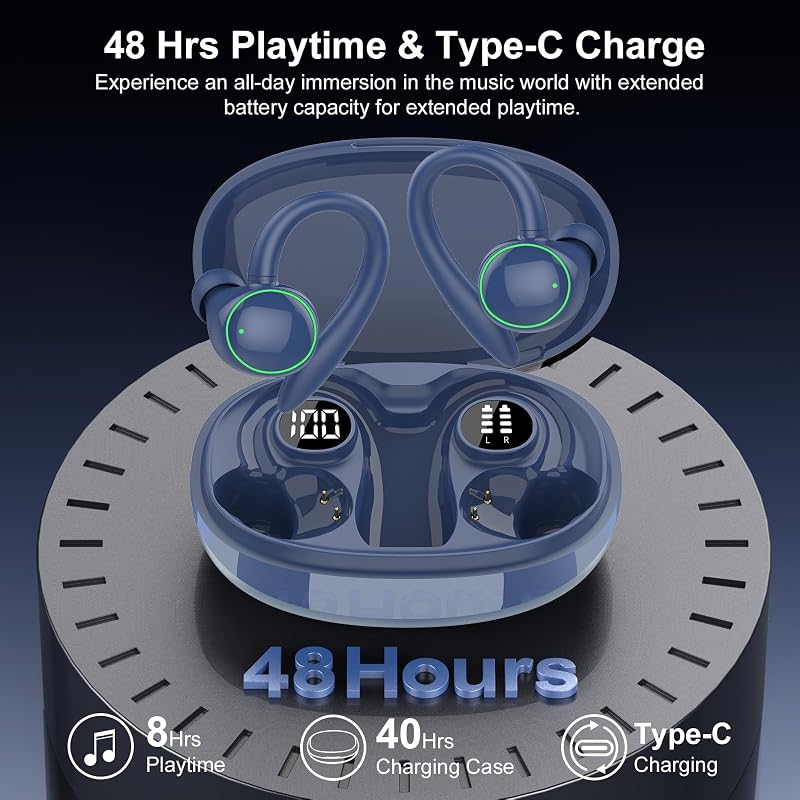 Wireless Earbuds, Bluetooth 5.4 Headphones Sport, Over Ear Buds With ENC Noise Cancelling Mic, 48H, Wireless Earphone With Earhooks, Stereo Deep Bass, IP7 Waterproof Headset for Workout Running, Blue image 4