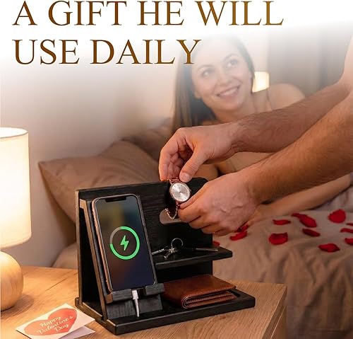 Miniatura 4 de TESLYAR Estación de acoplamiento de teléfono de madera para hombres, organizador de escritorio o mesita de noche, regalos de cumpleaños para