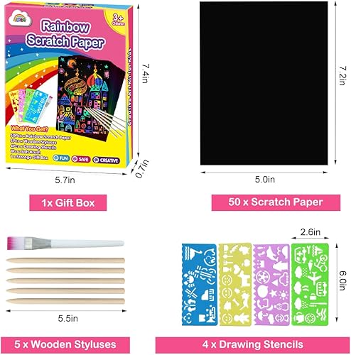 Miniatura 5 de ZMLM - Juego de 50 piezas de papel para rascar con diseño de arcoíris para niños color negro hoja tablero con 5 lápices de madera para el juego de