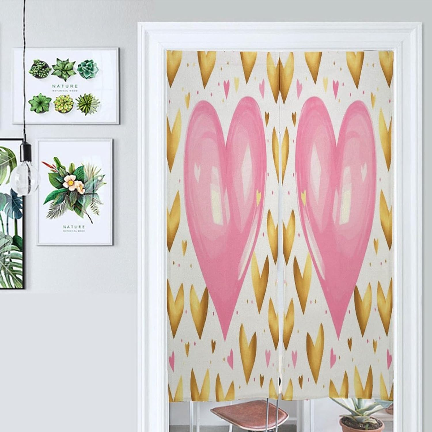 Gold Pink Heart Door Curtain Printed Doorway Noren Japanese Style Doorway Room Divider Curtains for Privacy Partition Divider Kitchen Home Decorations Wall Hanging