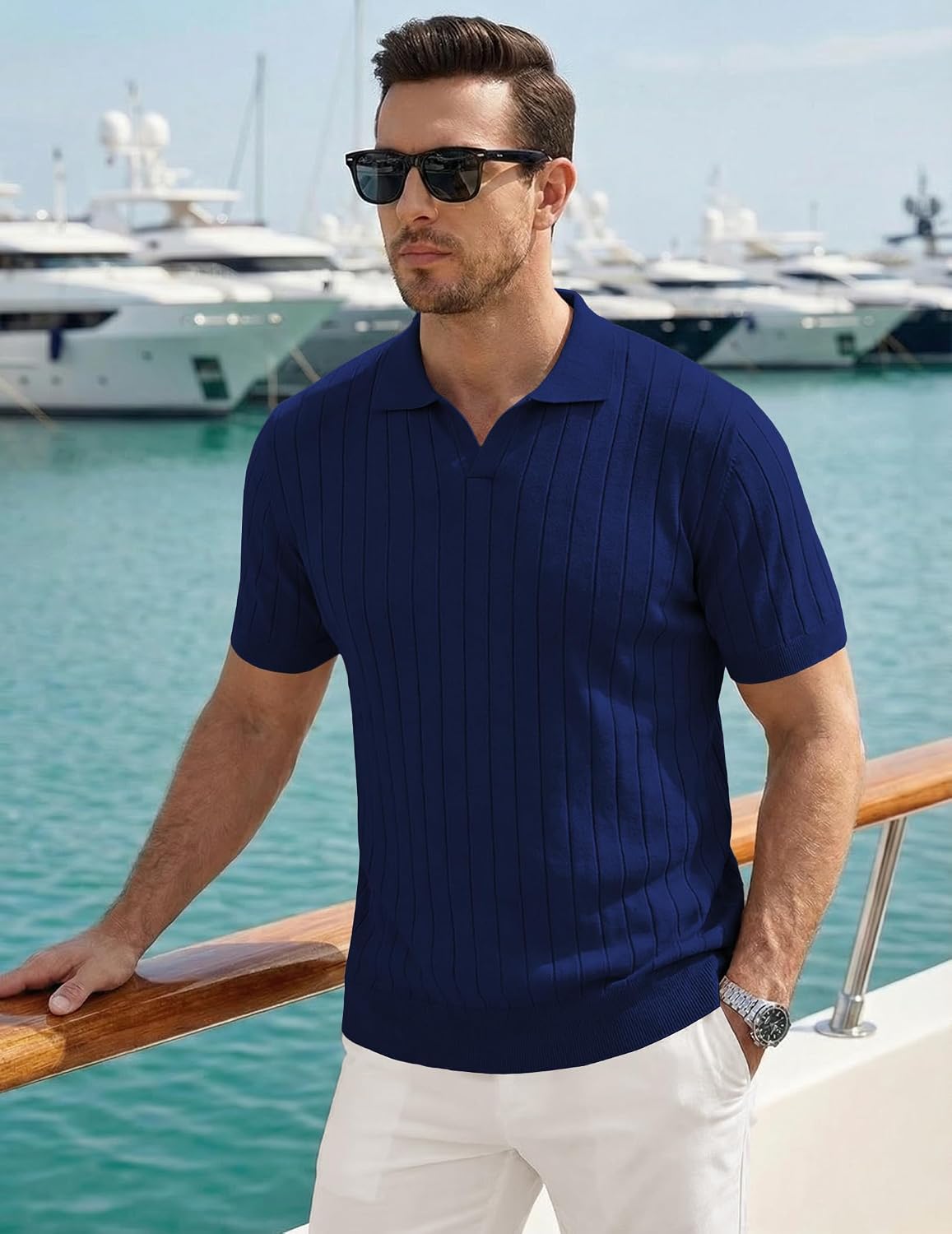 JMIERR Men's Short Sleeve Knit Polo Shirts Ribbed Texture Johnny Collar Sweater for Casual Summer Wear