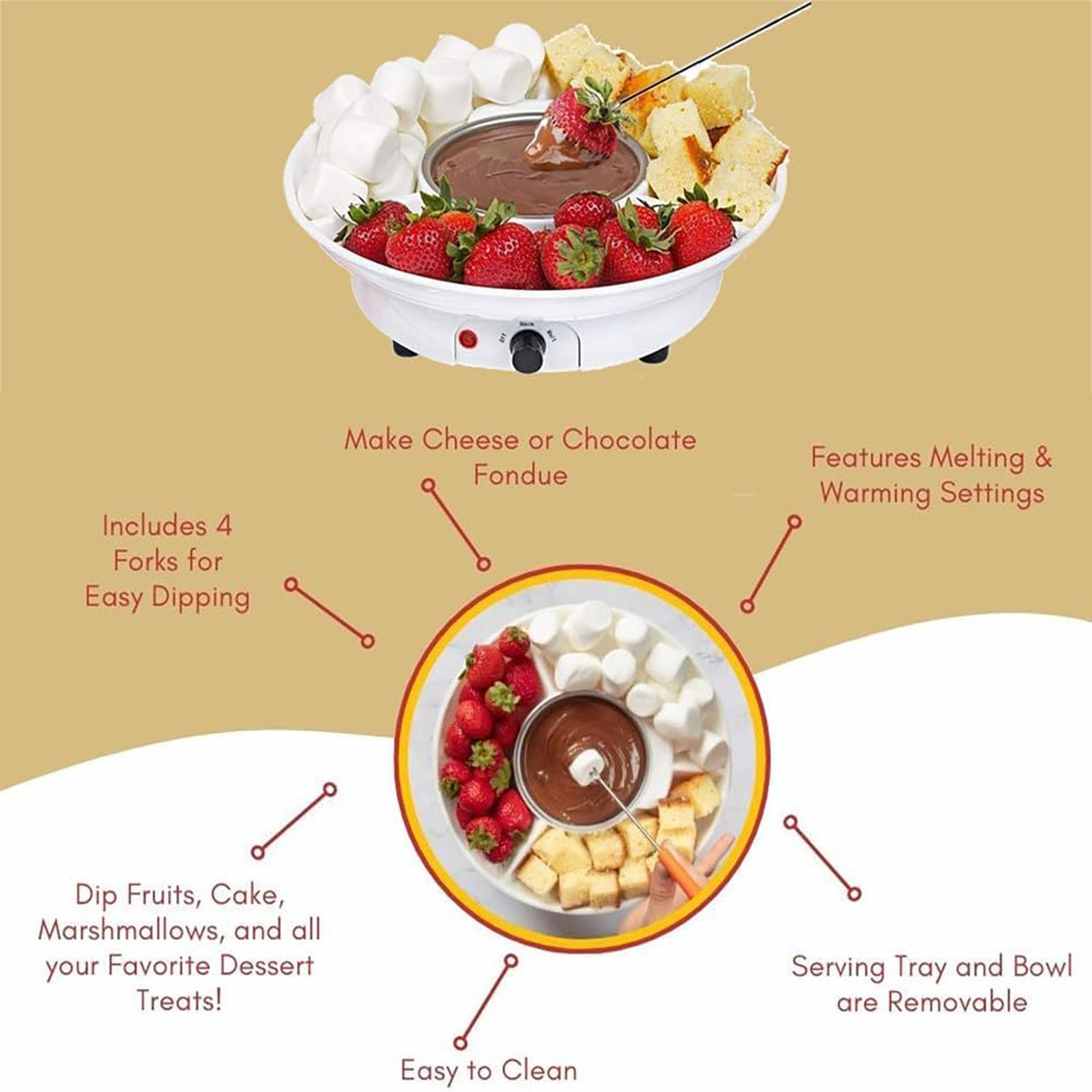 Juego de ollas eléctricas para Fondue, máquina Fuente de Fondue de Chocolate, con Tenedores para mojar, Control de Temperatura, tazón Desmontable de 9 onzas, para Chocolate y Queso Nacho Black