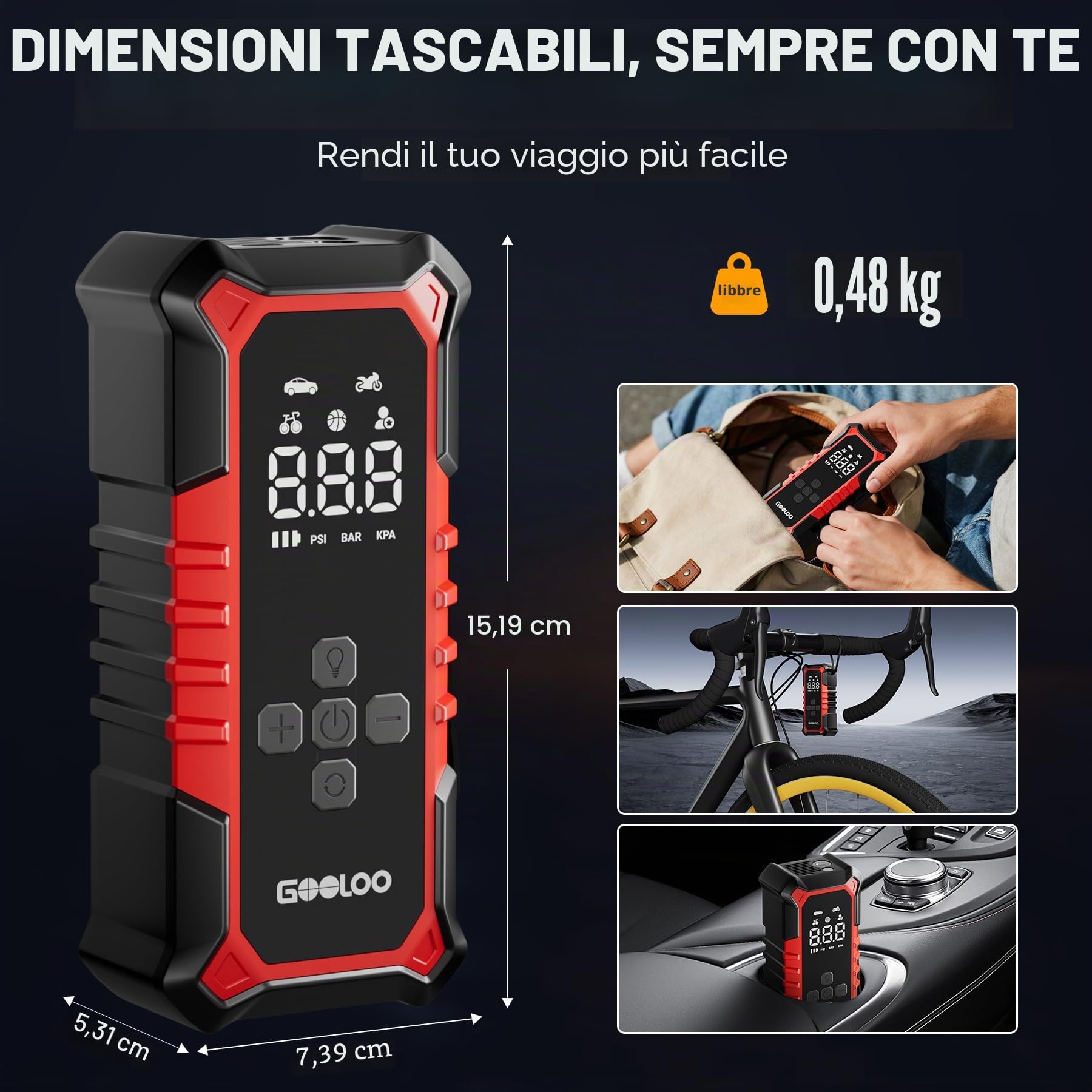 GOOLOO A6 Gear Compressore d'aria Portatile,160 PSI(11 Bar), con Manometro Digitale e Luce LED, Pompa Elettrica Intelligente per Pneumatici con Spegnimento Automatico per Pickup, Motore, Bici