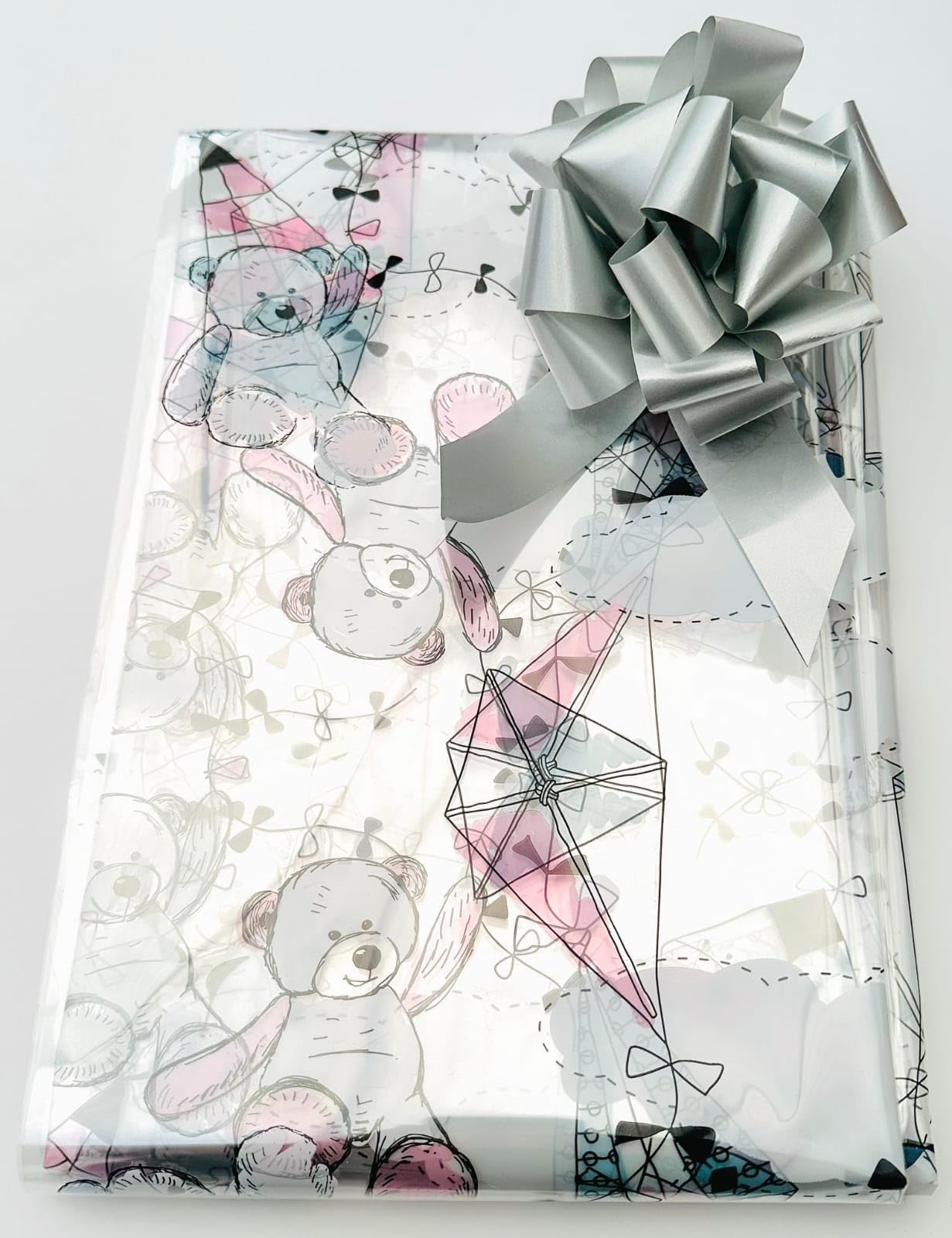ShredAstic® Baby Print Bears flying Kite Florist Cellophane wrap with 30mm Pull Bow (5 Metres, Silver)