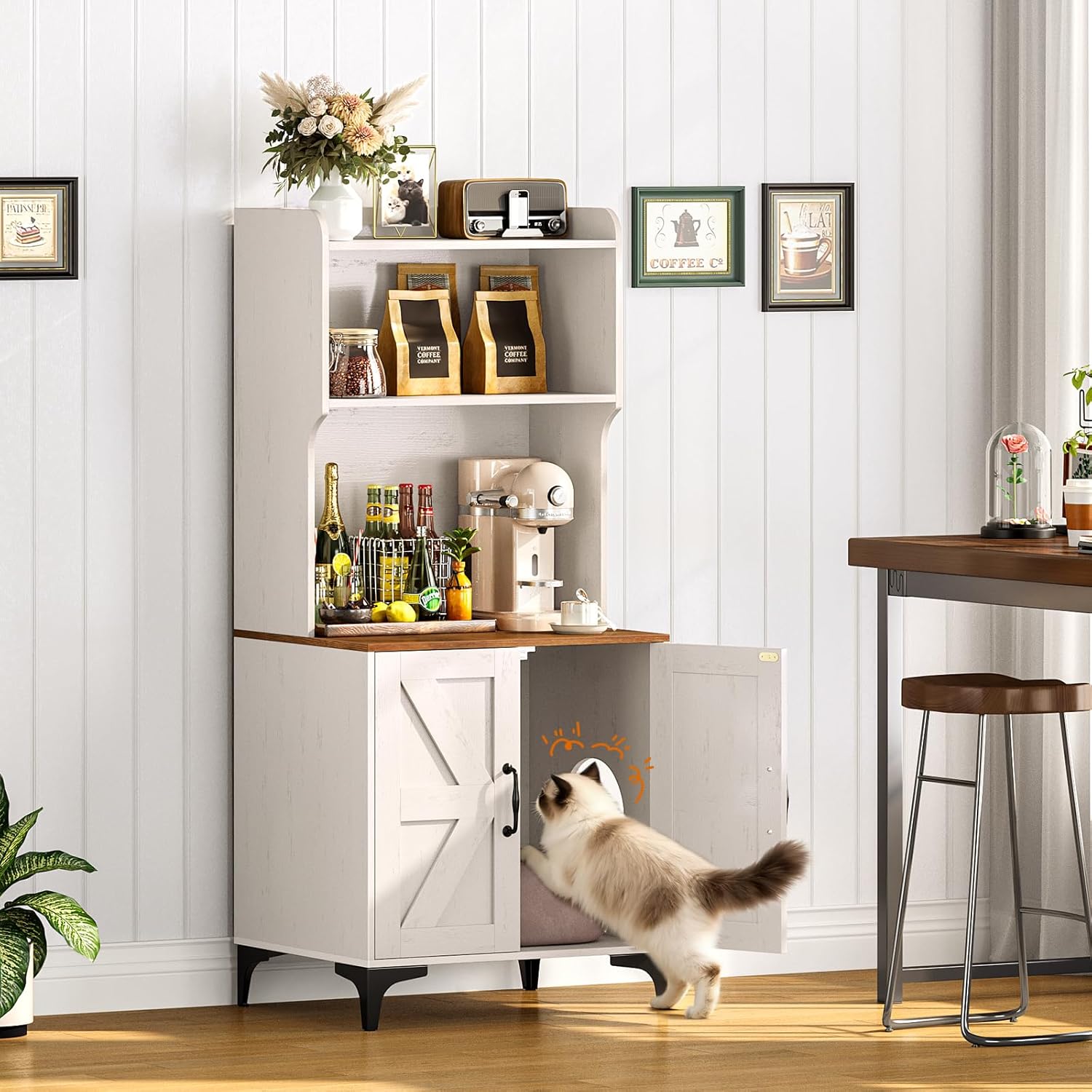 Snughome Cat Litter Box Enclosure with Storage Shelves, 2-in-1 Modern Cat Litter Box Enclosure Furniture Hidden, Wooden Cat Washroom Cat House with Metal Legs, Fit Most of Litter Box, White