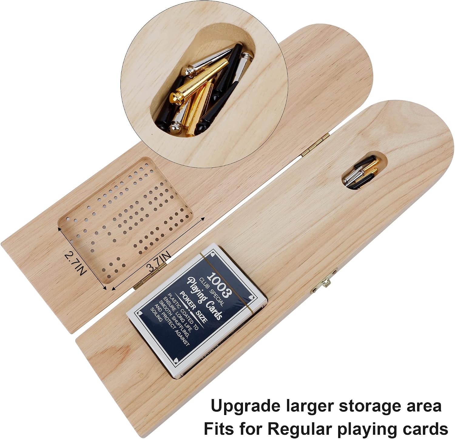 Juegoal Wooden Cribbage Board Game Set, Solid Wood Continuous 3 Track Board with Storage Area, 9 Metal Pegs and Playing Cards, Travel Portable Cribbage Game Sets, Nature Color