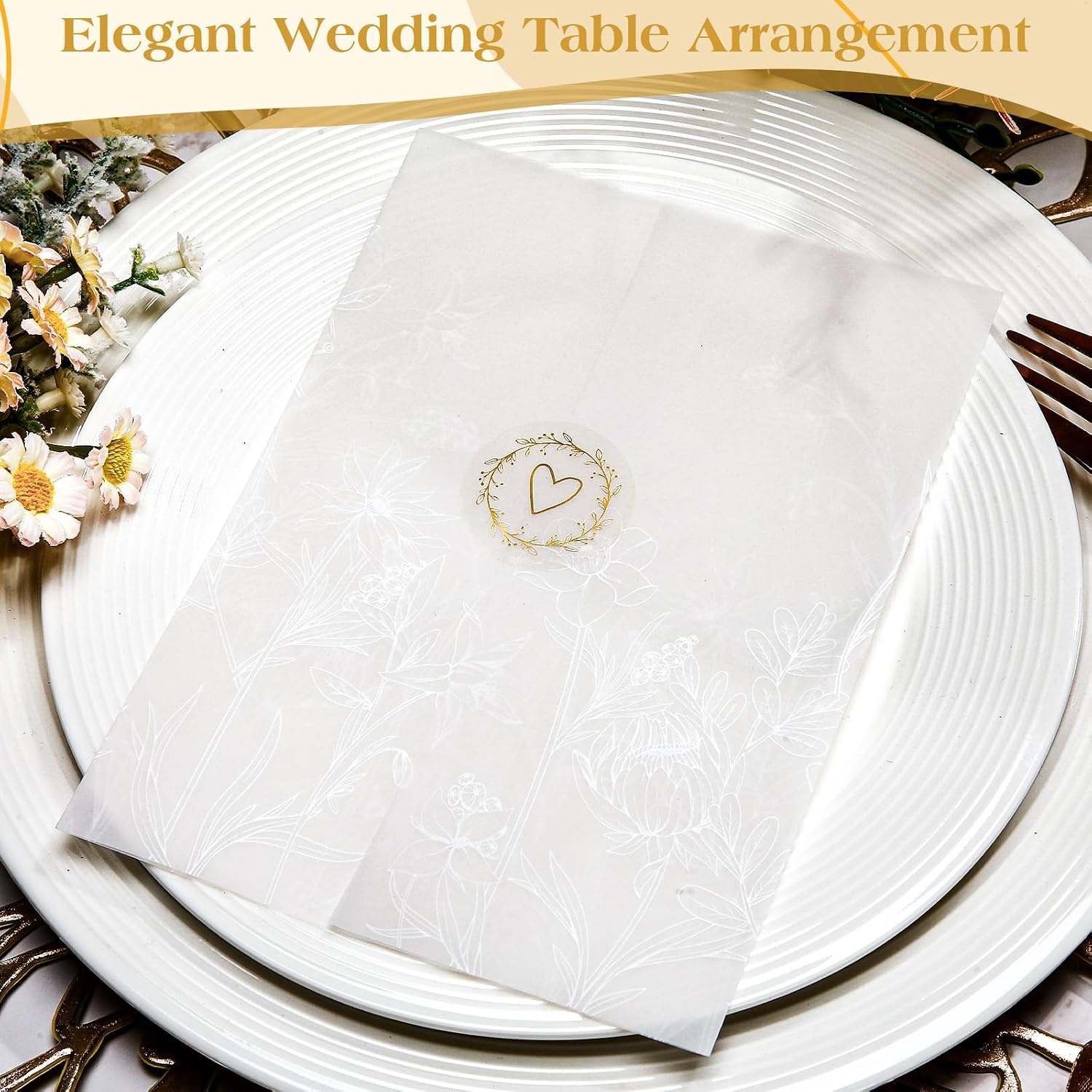 Marspark 100 Pcs Wedding Vellum Jackets for 5x7 Invitations Pre-Folded Wedding Invitations Kit Wildflower Wraps Translucent Paper Envelope Liners with Flower Pattern for Birthday Party(White)