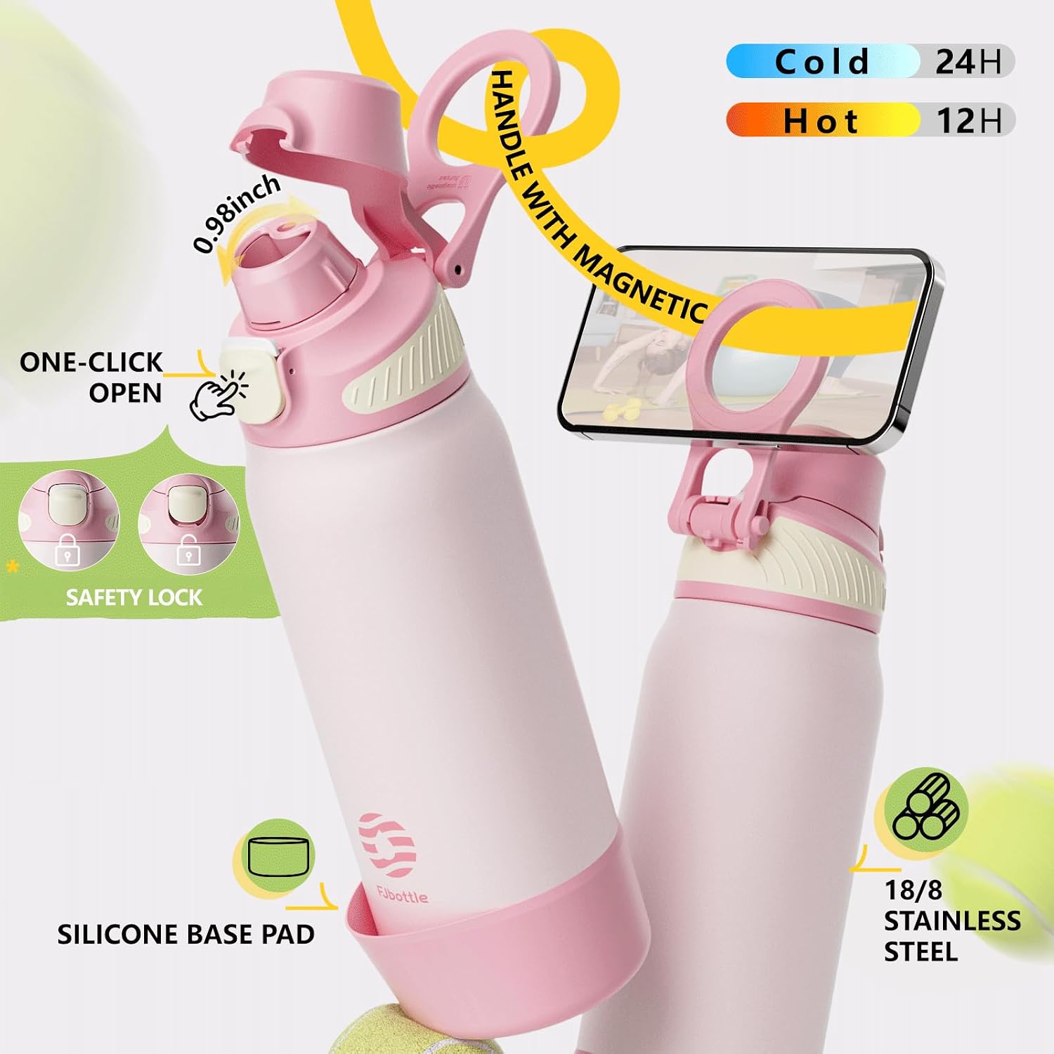 FJbottle Insulated Water Bottle with Magnetic Phone Holder, MagSafe Compatible Stainless Steel Leak Proof Sports Flask, Tripod Function for Gym, Workout 32 Oz Pink