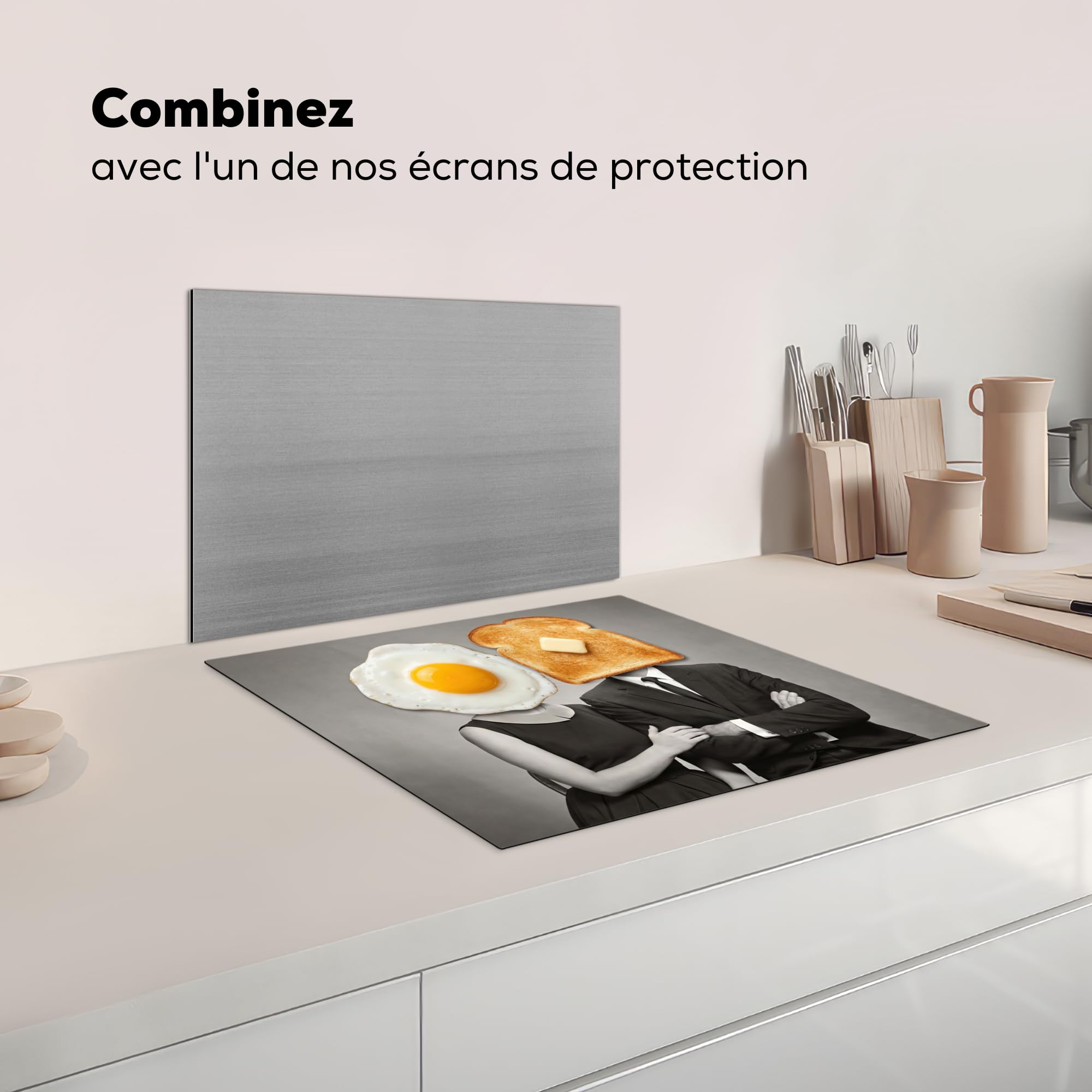 KitchenYeah© Protege Couvre Plaque De Cuisson Décoration Cuisine Tapis Protection Protecteur Induction 59x52 cm Petit-déjeuner - Couple - Œuf - Pain