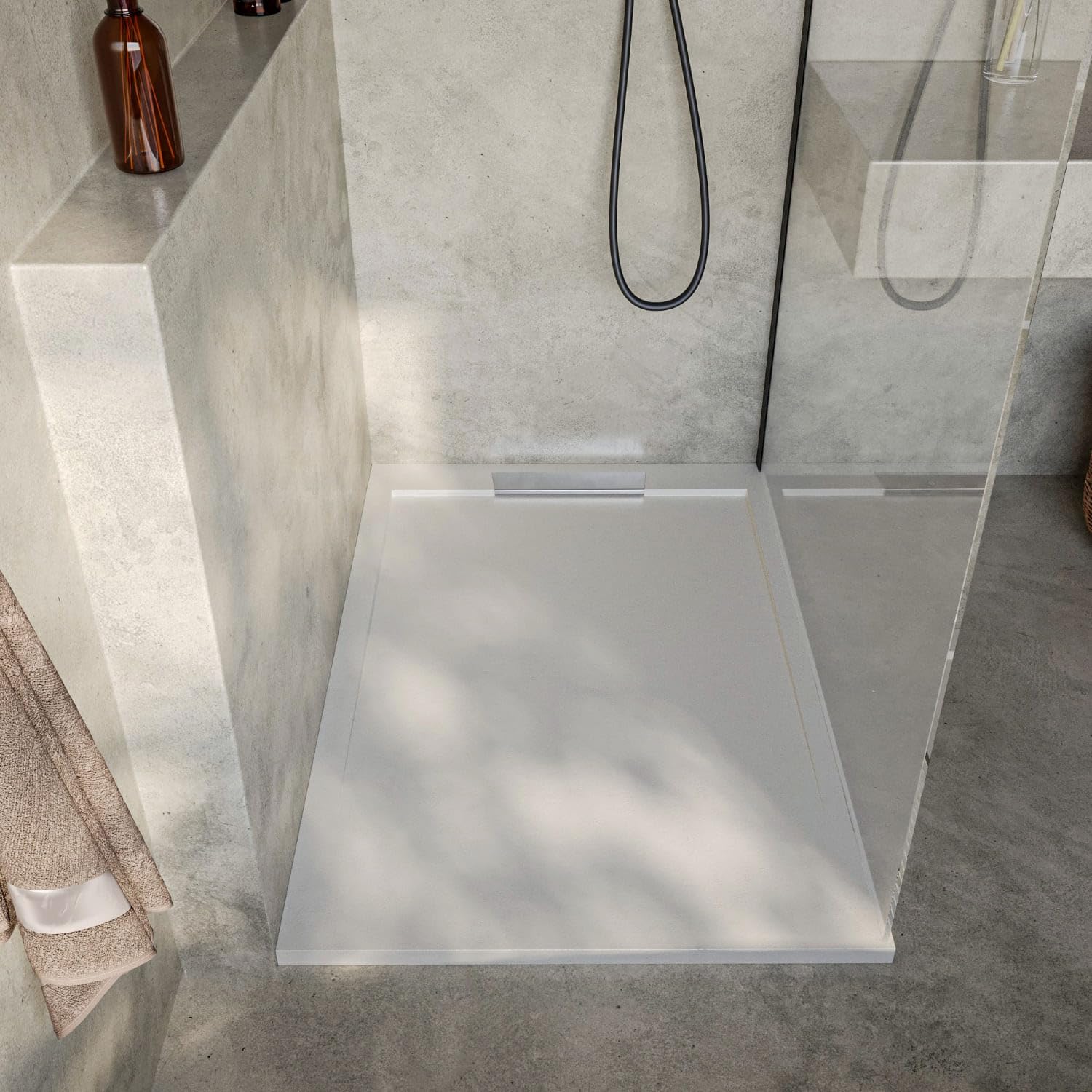 SoulHome Plato de Ducha Resina BLANCO ROTO 110X70 Diseño Elegante | Antideslizante C3, Extraplano, Resina y carga mineral, Textura Liso Piedra, Antibacteriano, Gel-coat, Incluye válvula desagüe