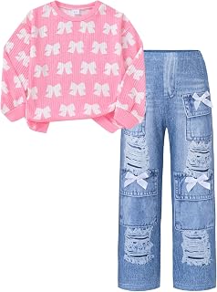 Toddler Girl Clothes Fall Little Girls 2 Piece Outfit Sets 3-8Years | Winter Sweatshirt Print Wide Leg Jean Pants Kids Girls Clothing Sets,Back to School Girl Outfits,Cute Birthday Gifts Clothes