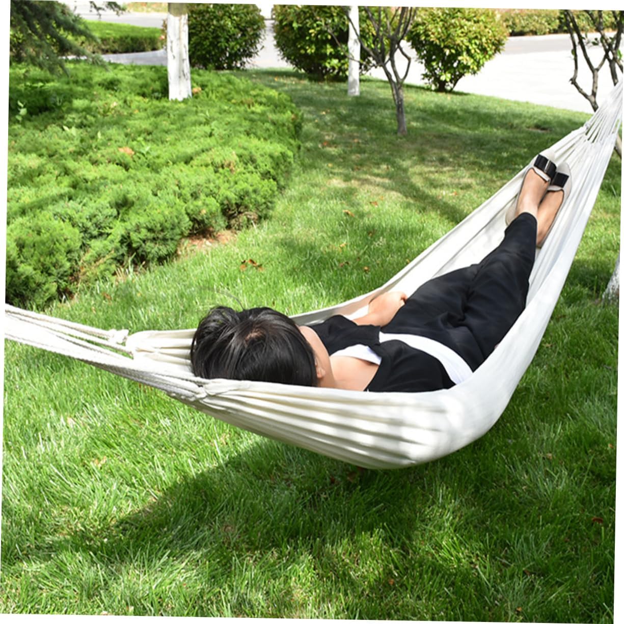 POPETPOP Single Person 200x80cm Canvas Hammock for Outdoor Camping Lightweight Portable Swing Hanging Chair with Bind Rope for Relaxing in Garden or Backyard