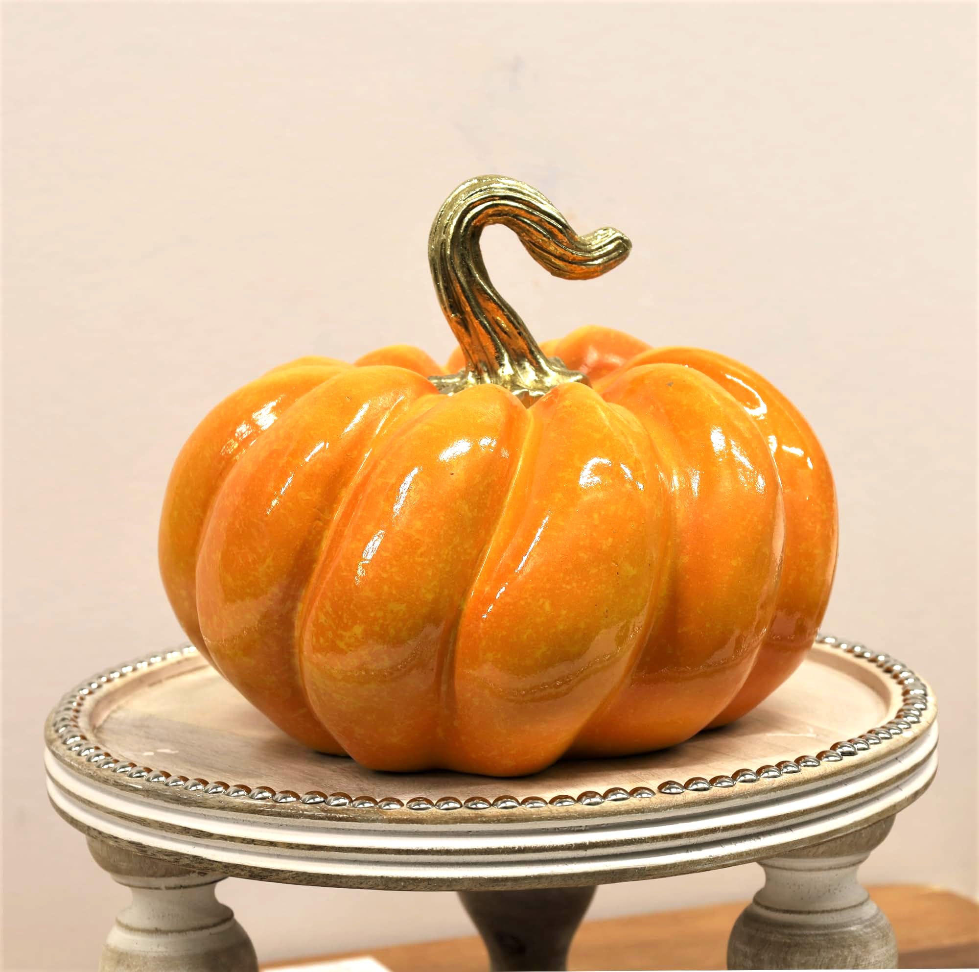 Fyne-Finds 15cm Autumnal Pumpkin Pale Stem Fall Harvest Halloween Christmas Ornament (Gloss Orange)