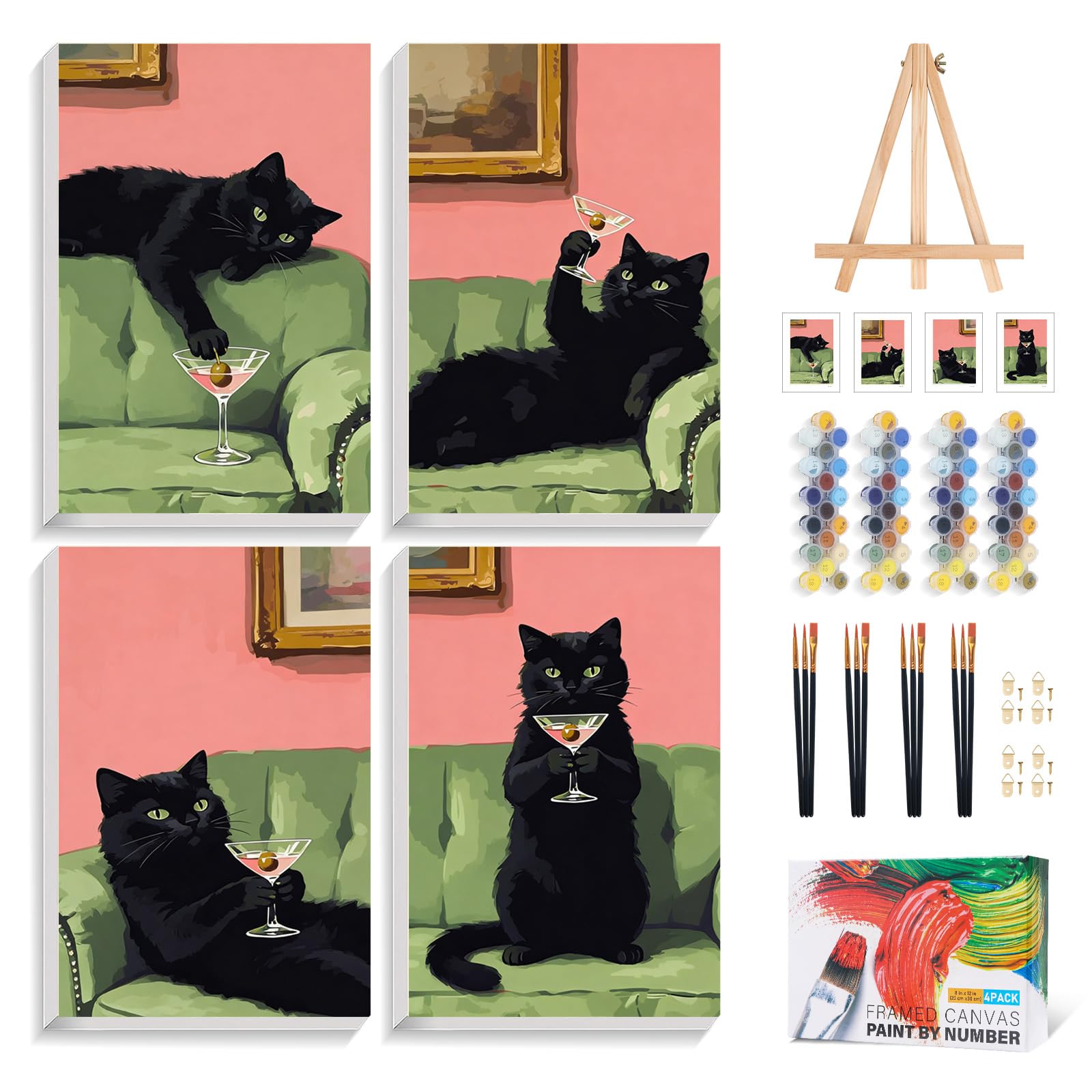 4 Pack Framed Paint by Numbers for Adult with Wooden Easel, Black Cat Cocktail Paint by Numbers for Beginners, Funny Retro DIY Acrylic Painting Kit for Stress Relief Home Wall Decor, 8x12 Inch