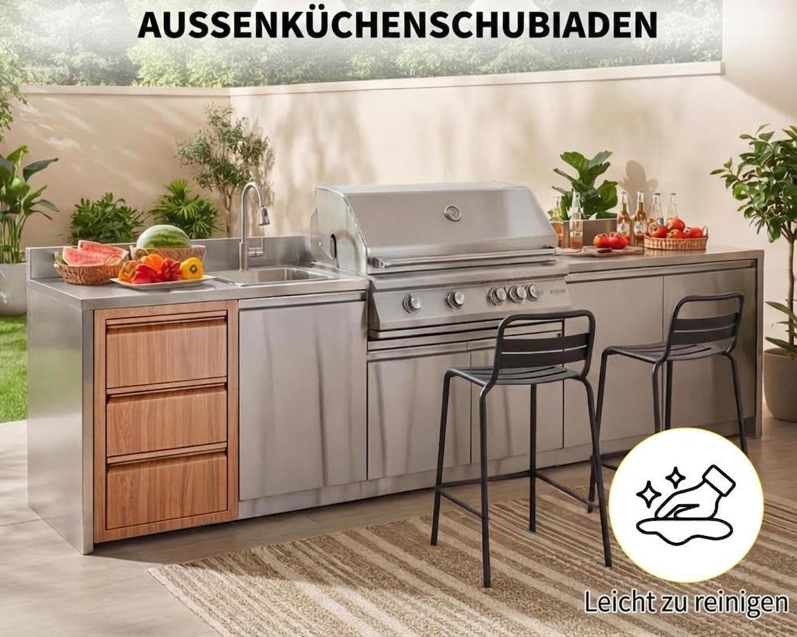3 Schubladen Outdoor Küchenschrank aus Edelstahl – Schubladenschrank für Grillstation, Kücheninsel, Terrasse und Garten, Aufbewahrungsschrank für Außenküche, Balkon und Camping