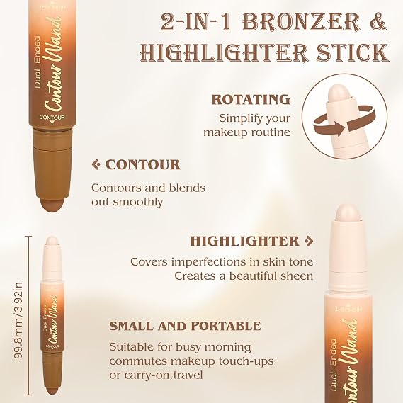Contour Highlighter Stick,2-in-1 Dual-Ended Cream Bronzer & Highlighter Sticks Pen for Face Body Contouring Makeup- Buildable,Waterproof, Easy to Apply Suitable for Beginners,01Nuetral Nude + Beige