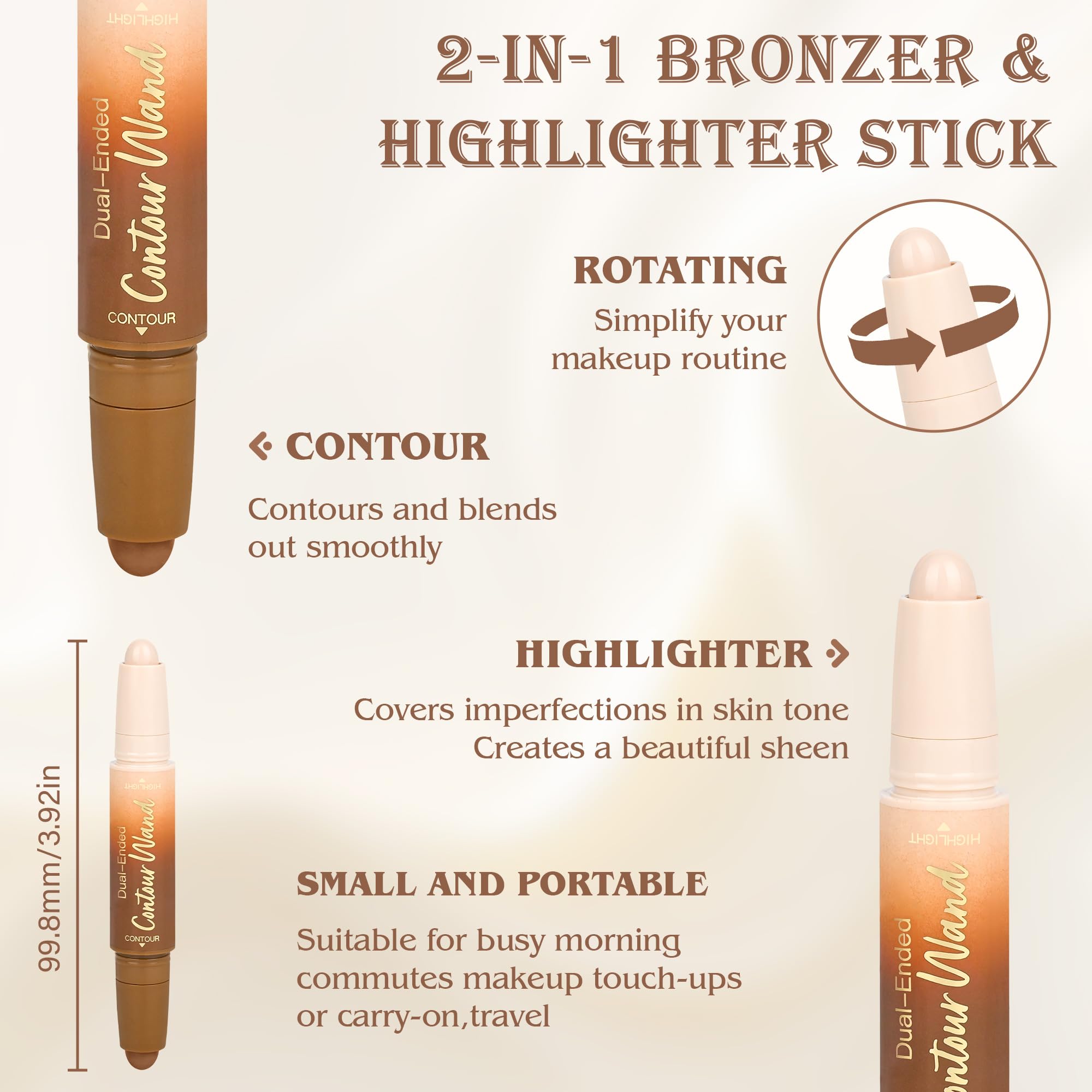 Contour Highlighter Stick, 2-in-1 Dual-Ended Cream Bronzer & Highlighter Sticks Pen for Face Body Contouring Makeup, Buildable,Waterproof, Easy to Apply Suitable for Beginners,03Darker Nude+Light Pink