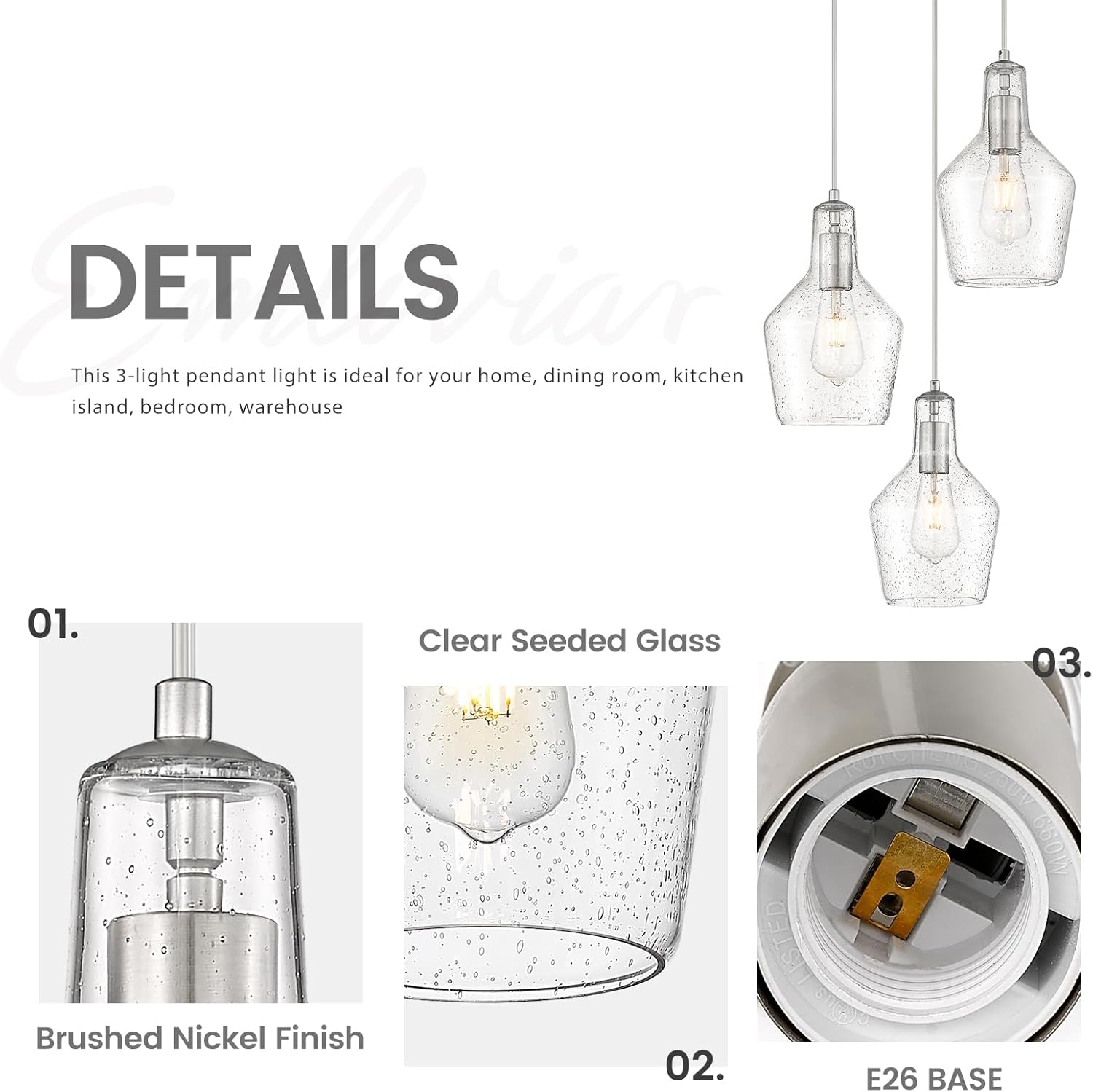 Emliviar Modern Kitchen Chandelier Brushed Nickel, 3-Light Hanging Pendant Lighting with Seeded Glass, Cluster Pendant Light Fixture for Entryway, DYE286G2-3 BN