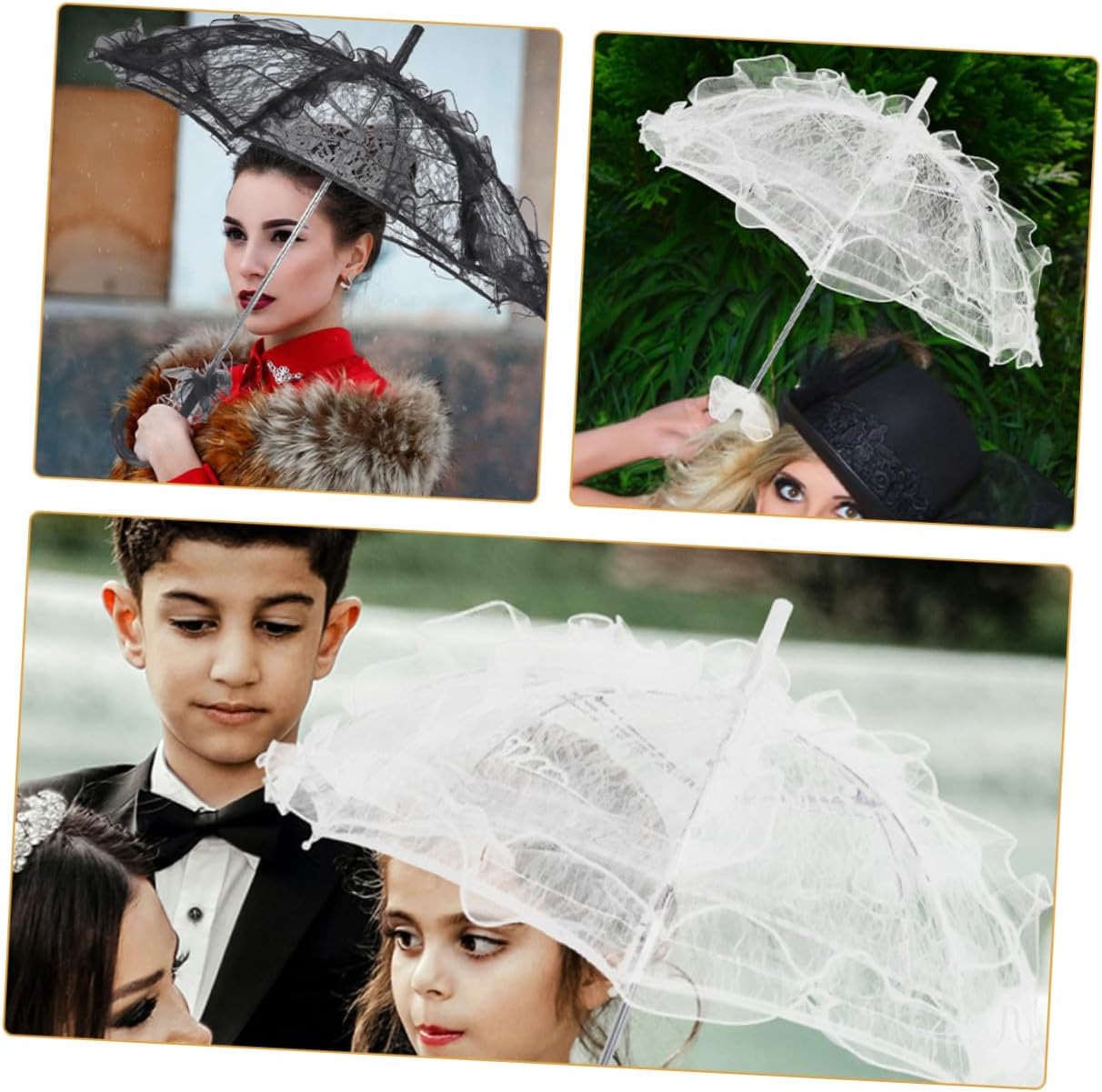 TEHAUX 2pcs Lace Parasol Umbrella for Sun Protection Vintage Bridal Lace Umbrellas in Black and White Small Decorative Stick for Wedding Photography and Tea Party Accessories