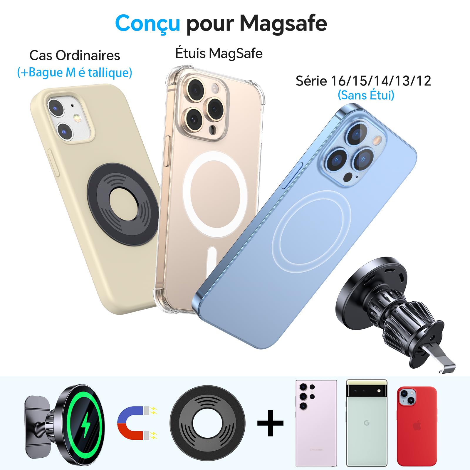 Coolpow 15W Support Telephone Voiture Induction【Super Aimants】Chargeur Magsafe Voiture Accessoires Support Aimant Telephone Voiture Magnetique Chargeur sans Fil pour iPhone 17 16 15 une coque MagSafe