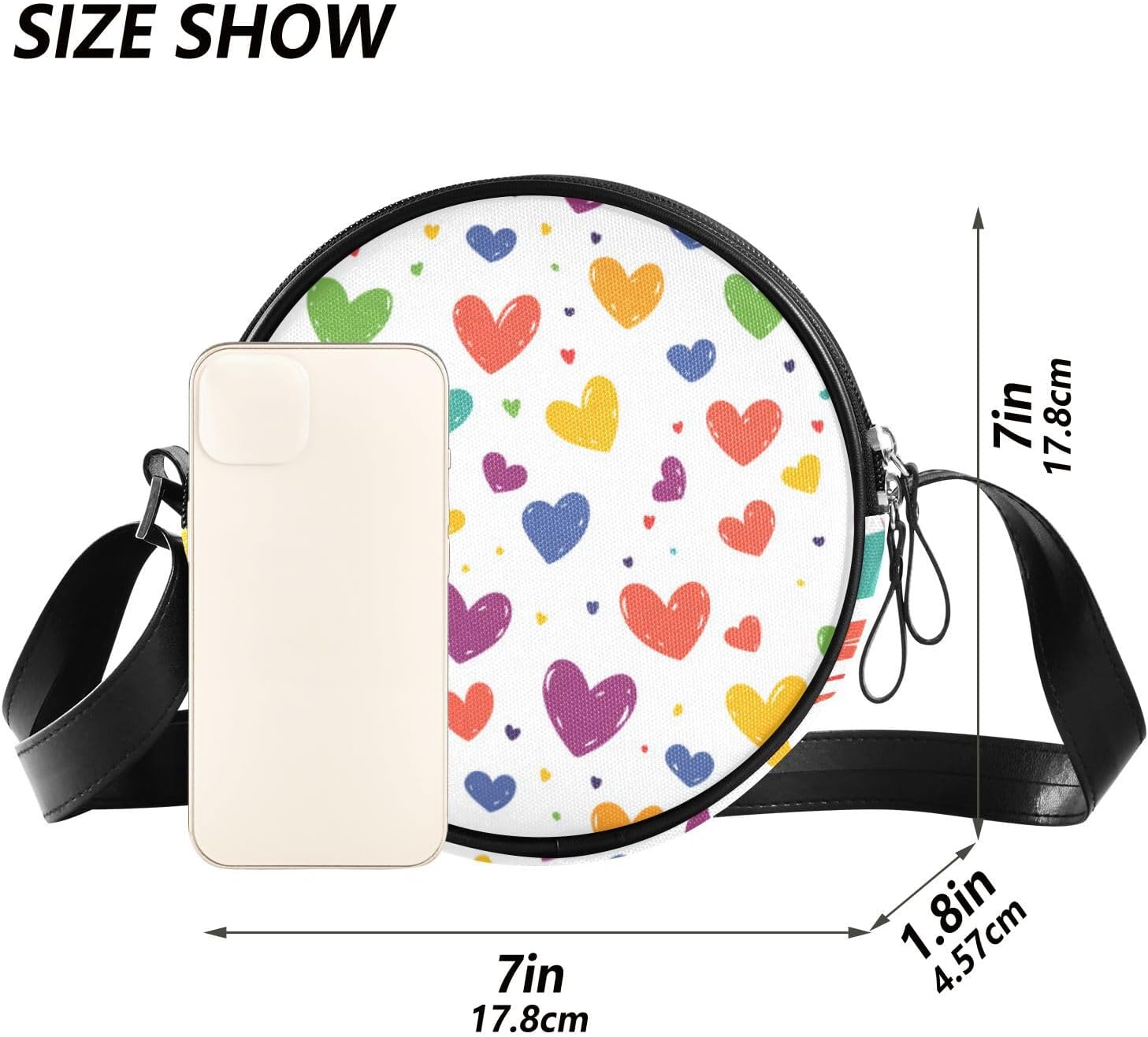 Colorful Love Hearts Round Sling Purse Crossbody for Ladies Trendy with Adjustable Strap Messenger Bag Crossbody For Hiking Traveling Canvas Messenger Purse - Image 6