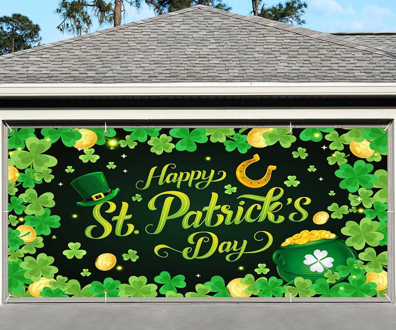 St. Patrick’s Day Garage Door Cover Banner Decorations, Happy St Patricks Day Irish Day Shamrock Outdoor Extra Large Car Garage Door Murals Buddy Decorations 16 X 7 Ft