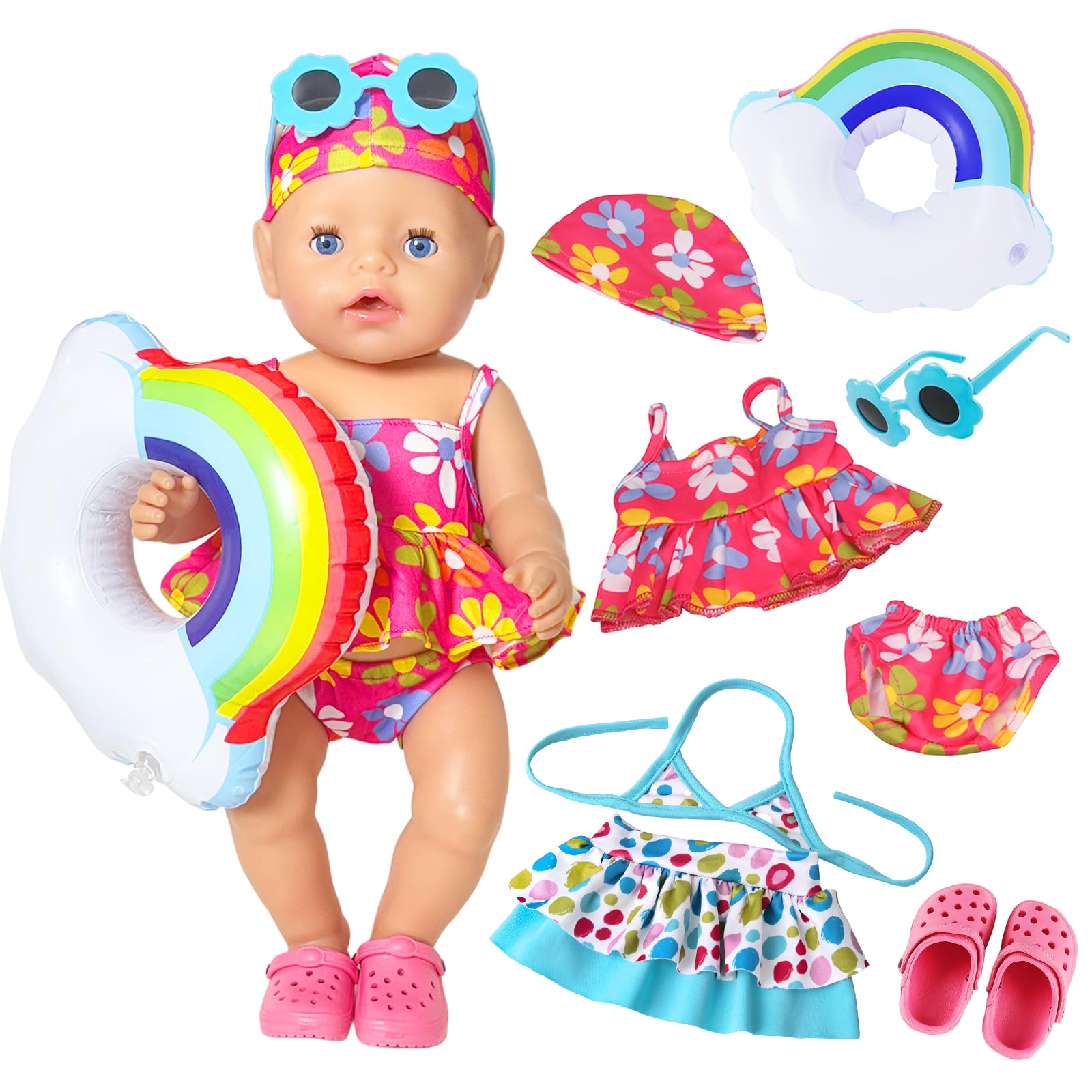 8 Pcs Swimming Baby Doll Clothes 16-18 Inch Doll Clothes, Baby Pink/Blue Swimsuit + Head Cover + Rainbow Swimming Ring + Blue Sunglasses + Pink Slippers, 6 Sweet Doll Swimming Sets for Girls(No Doll