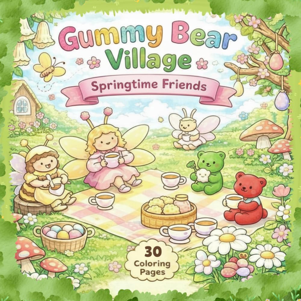 Gummy Bear Village: Springtime Friends: Cute & Cozy Coloring Book for Adults and Kids | 30 Adorable Spring Scenes with Gummy Bears, Insects & Village Life