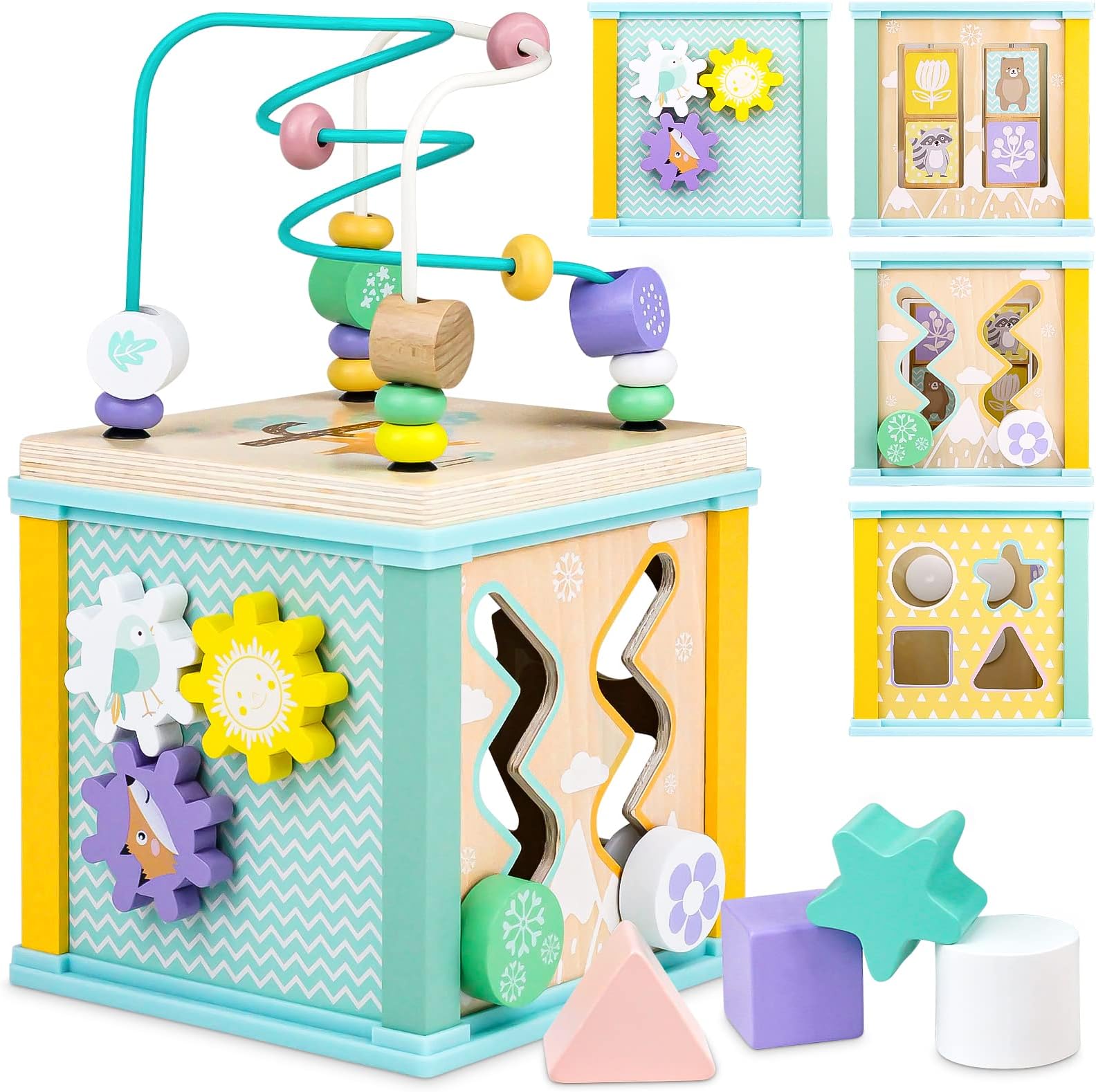 Wooden Activity Cube Toys, Baby Toys for 1 Year Old, 1st Birthday Gifts for Boys Girl Toddlers, Bead Maze Shape Sorter Sensory Toys, Montessori Educational Learning Presents for Kids Age 1 2 3