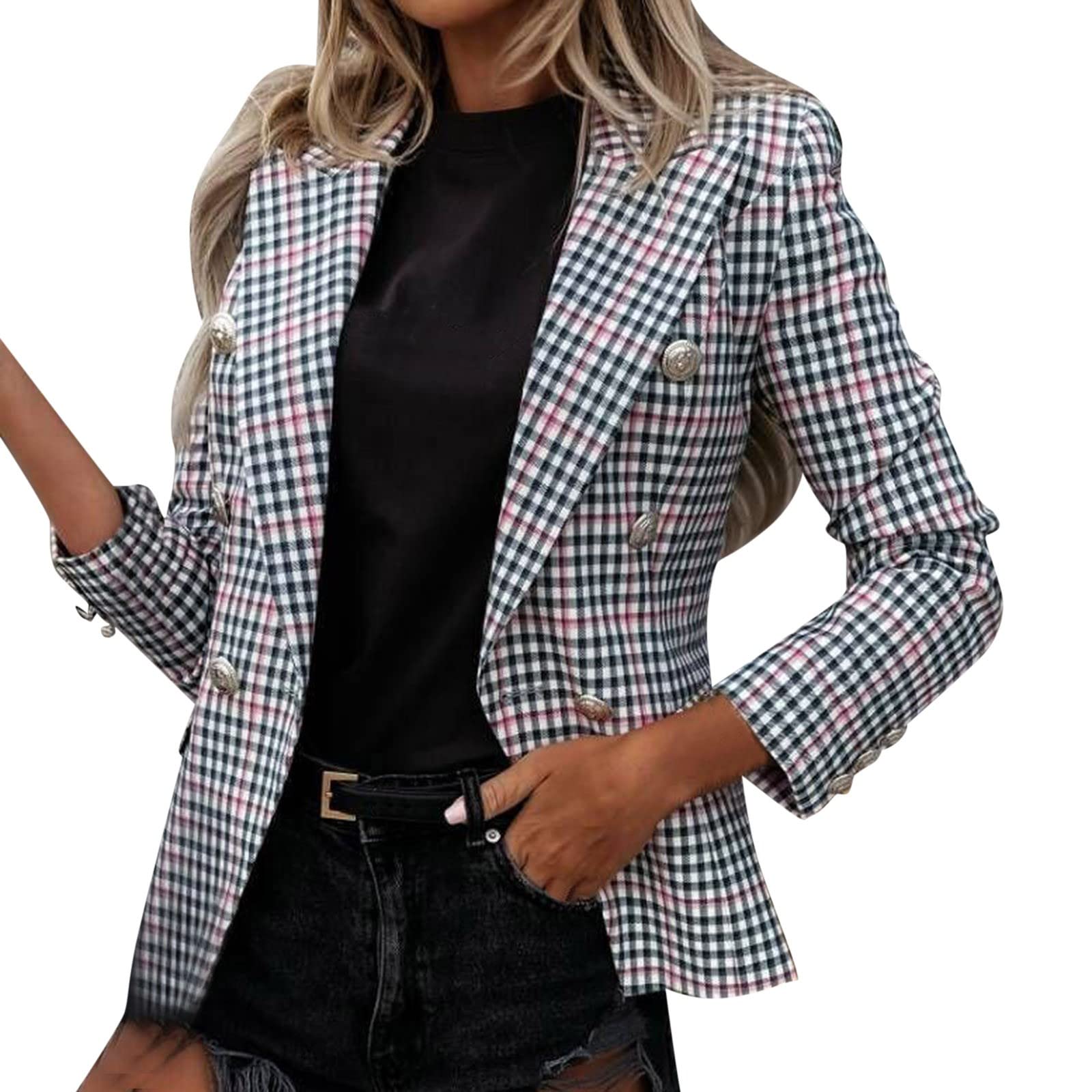 VEMOW Chaqueta Corta Casual de Negocios de Oficina de Trabajo para Mujer Blazer Corto Informal Chaqueta Mujer Cuadros Degradados Vestir Casual Elegante Básica Blazer Traje Manga Larga