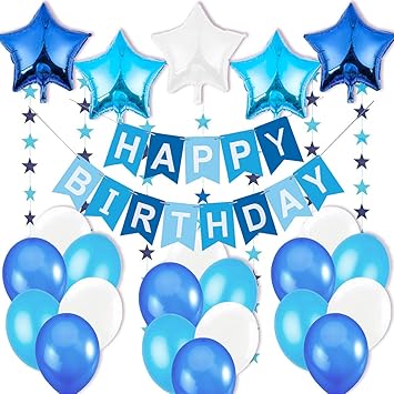 Decoration Anniversaire Garcon Deco 1 Banderole Banniere Joyeux Anniversaire Happy Birthday 5 Ballons Aluminium Etoiles 6 Metres Guirlande Etoiles 18 Ballons 30 Cm Bleu Blanc Amazon Fr Cuisine Et Maison