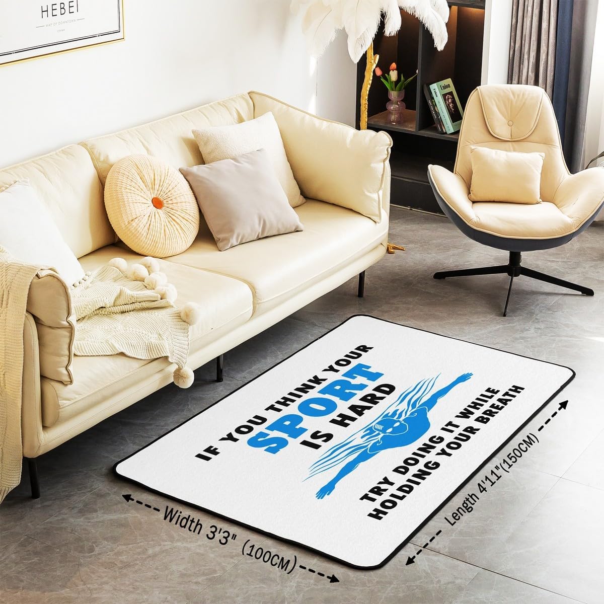 Swimming Area Rug,Swim Theme Indoor Floor Mat Entrance Rug,Water Sports Carpet,Kids Teens Boys Adult Swimmers Blue White Chairs Couch Living Room Decor,3'x5'