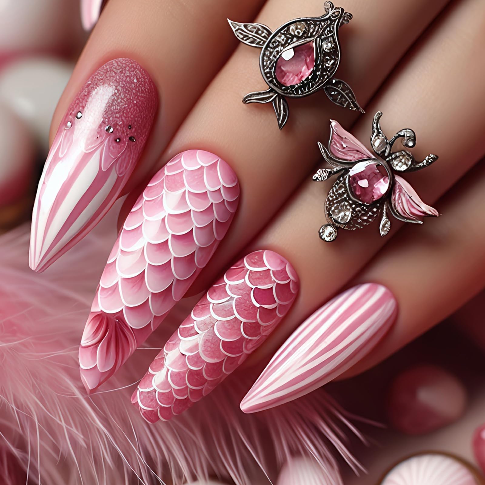 24Pcs Pink Mermaid Press on Nails Almond Fake Nails with Fish Scales Design Cute Summer Nails Press ons Full Cover Glue on Nails Reusable Acrylic
