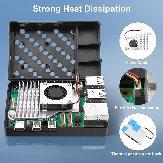 RasTech Raspberry Pi 5 4GBキット 64GBエディション アクティブクーラー付き、27W GaN 5.1V5A USB-C電源、Pi5 4GBボード、64GBカードリーダーキット、Pi 5ケース、デュアル4KマイクロHD出力ケーブルとユーザーマニュアル付き。
