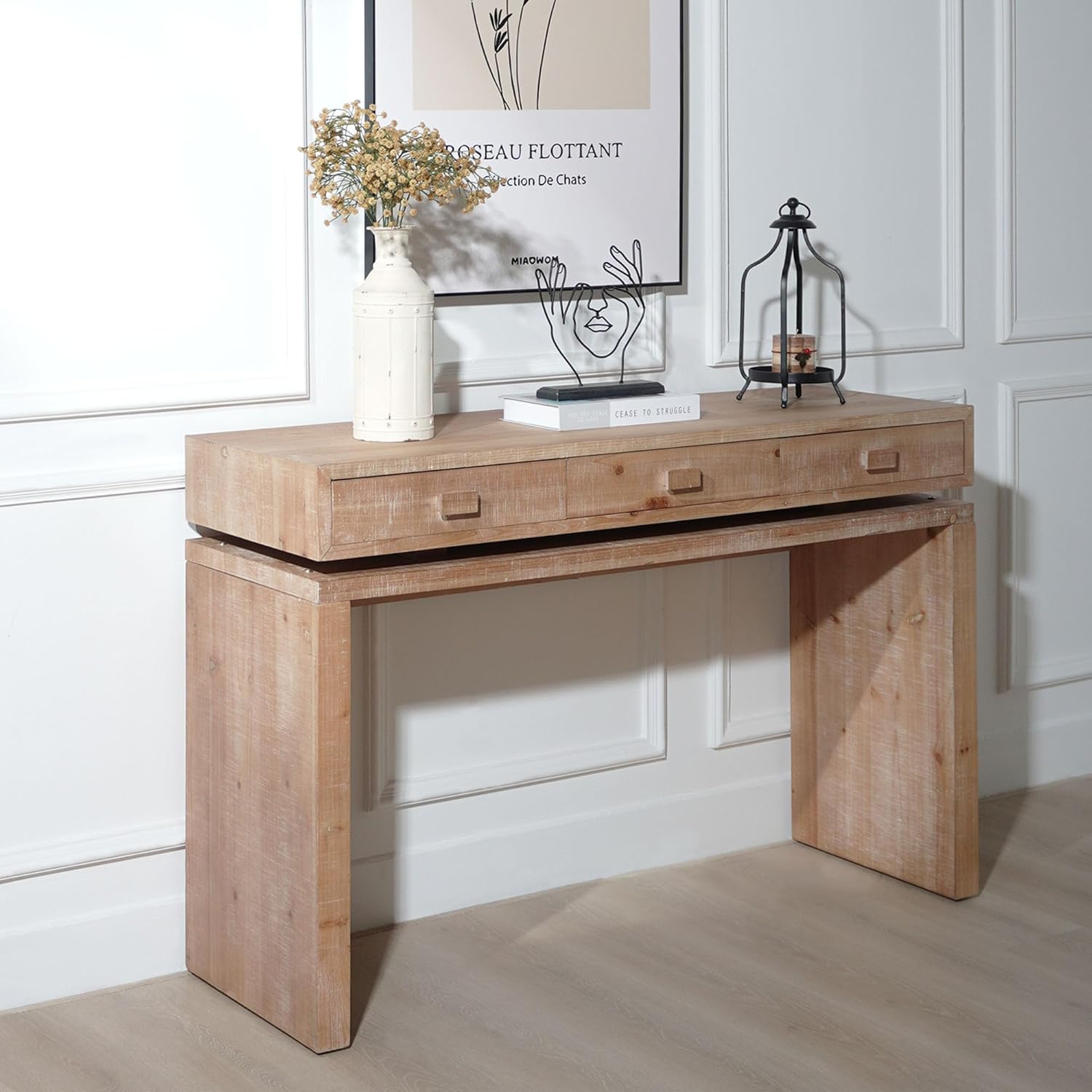 Natural Wood Console Table with 3 Drawers, Farmhouse Narrow Console Sofa Table Behind Couch for Living Room, Retro Hallway Console Table for Entryway, Entrance