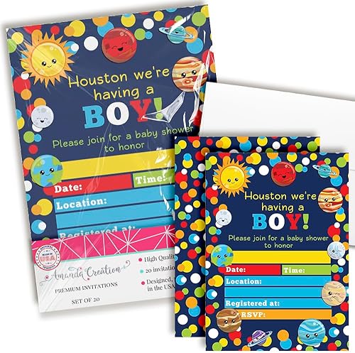 AmandaCreation - Invitaciones temáticas de Baby Shower para niños, 20 tarjetas de relleno de 5 x 7 pulgadas con veinte sobres blancos