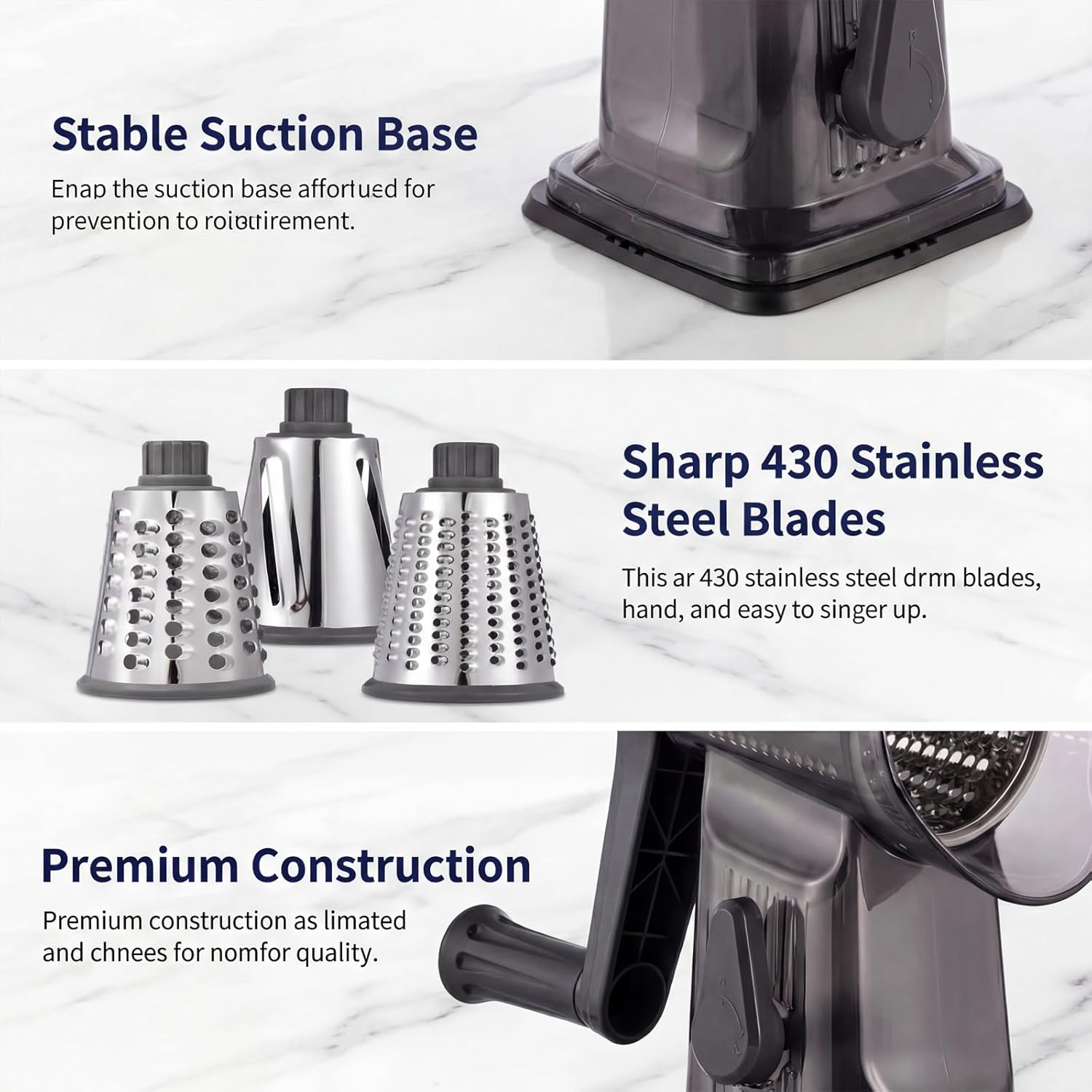 Rotary Cheese Grater Hand Crank, Cheese Shredder with 3 Stainless Steel Blades for Fresh Cheese, Carrots, Vegetables, Non-slip & Stable Suction Base, Effortless Grating