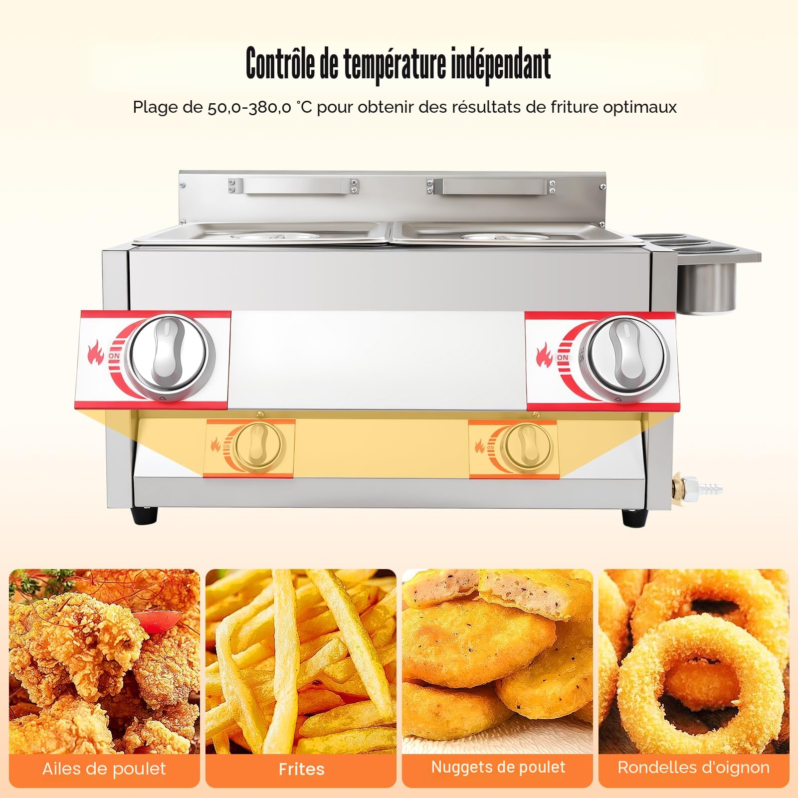Double Friteuse à gaz avec 2 paniers, Friteuse au propane en acier inoxydable, Plage de température 50-380 °C, Friteuse à gaz avec 3 verres à épices pour les ménages, restaurants, stands de