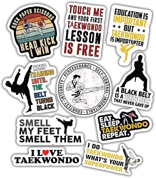 10pcs Taekwondo Sticker Sheet, Martial Arts Vinyl Decals for Taekwondo Students, Masters, and Sports Warriors, Waterproof, UV-Resistant, for Laptop, Water Bottle, Journal, Notebook, Phone Case