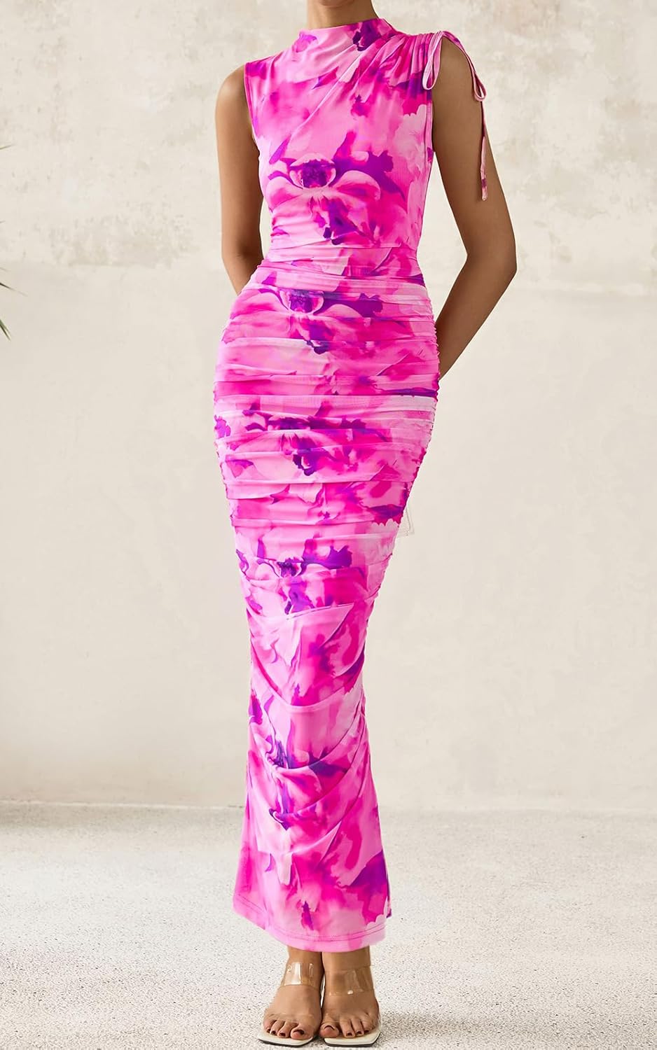 PRETTYGARDEN Women's Summer Maxi Floral Dresses Ruched Bodycon Sleeveless Mesh Formal Wedding Guest Cocktail Split Long Dress - Image 3