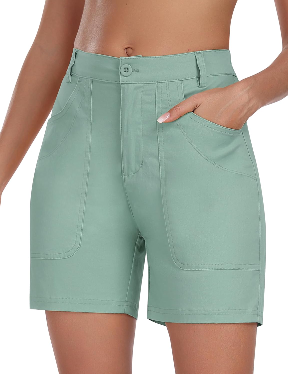 MoFiz Women's Cotton Bermuda Cargo Shorts 5" Casual Summer Elastic Waist Trouser Shorts with Pockets