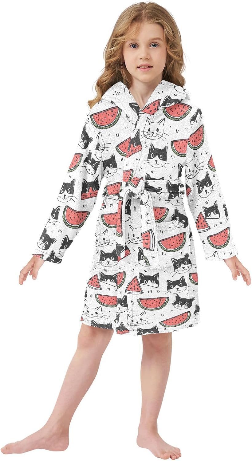 senya Cat and Watermelon Toddler Hooded Bathrobe Kids Soft Plush Bath Towel Robes for Boys Girls 2-12 Years