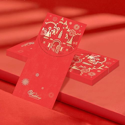 Miniatura 4 de NATZERAT Paquete de 10 sobres de boda de dinero, sobres rojos de boda de estilo chino, bolsas de regalo de tesoro rojo dorado cortado con láser,