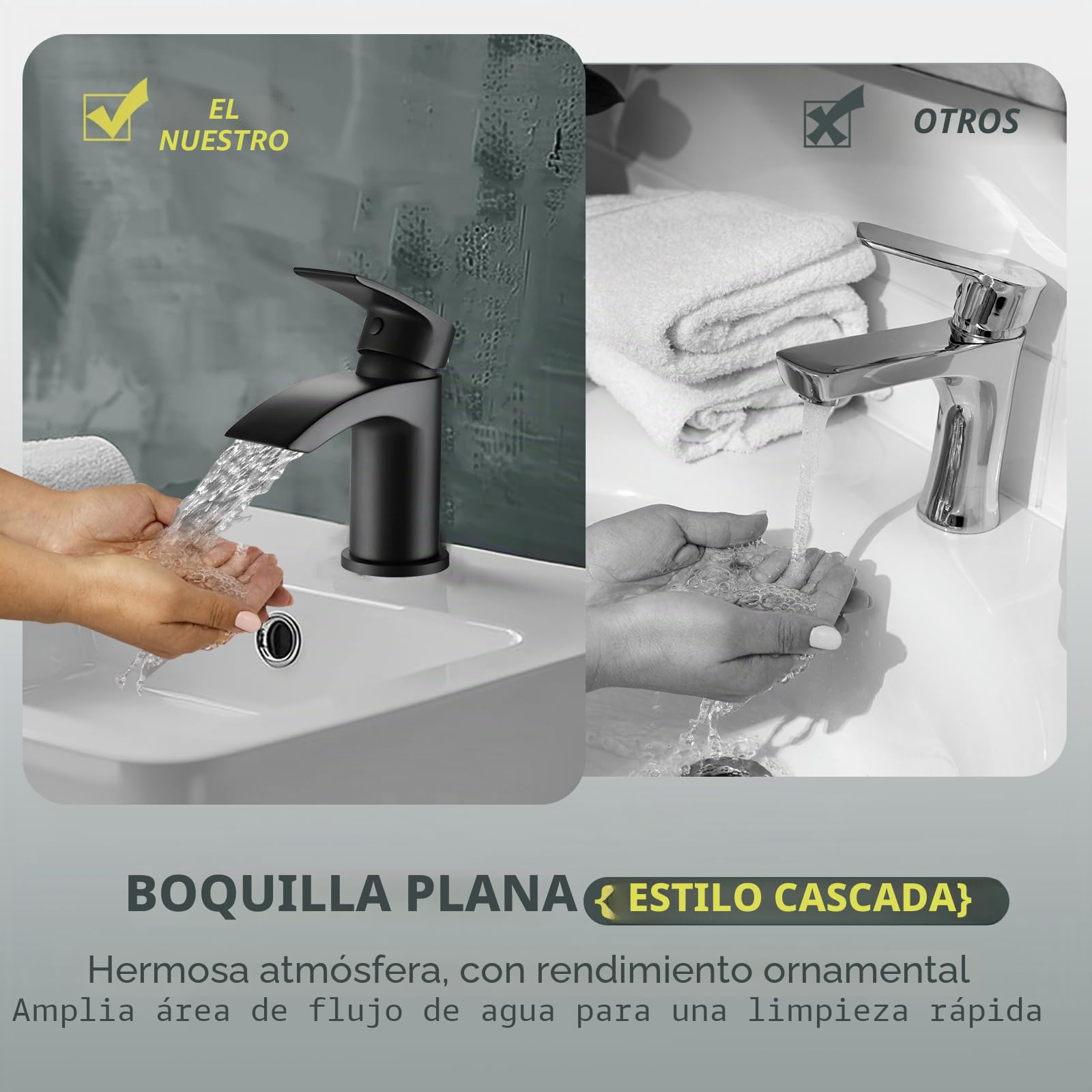 Grifos mezcladores para lavabo, color negro cascada con ranurados emergentes para desagüe de baño, monomando monomando de 1 agujero, monomando moderno con mangueras G1/2 pulgadas, grifo redondo para