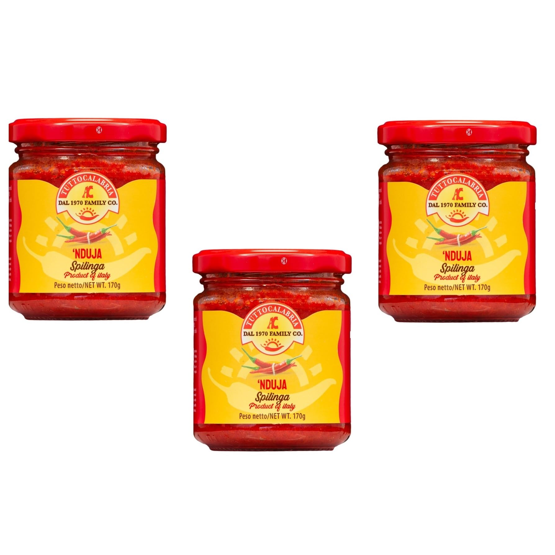 Tutto Calabria - Nduja di Spilinga Artigianale, Salame Spalmabile e Cremosa in Vasetto da 170g - Ideale per aperitivi bruschette e pizza (Confezione da 3)
