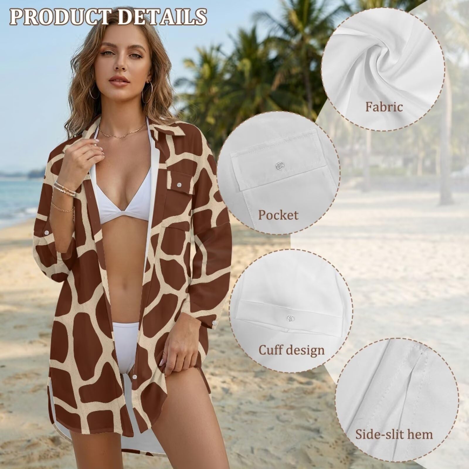 Xoenoiee Damska koszula plażowa z długim rękawem zapinana na guziki sukienka strój kąpielowy okrycie z kieszenią i bocznymi rozcięciami S-3XL